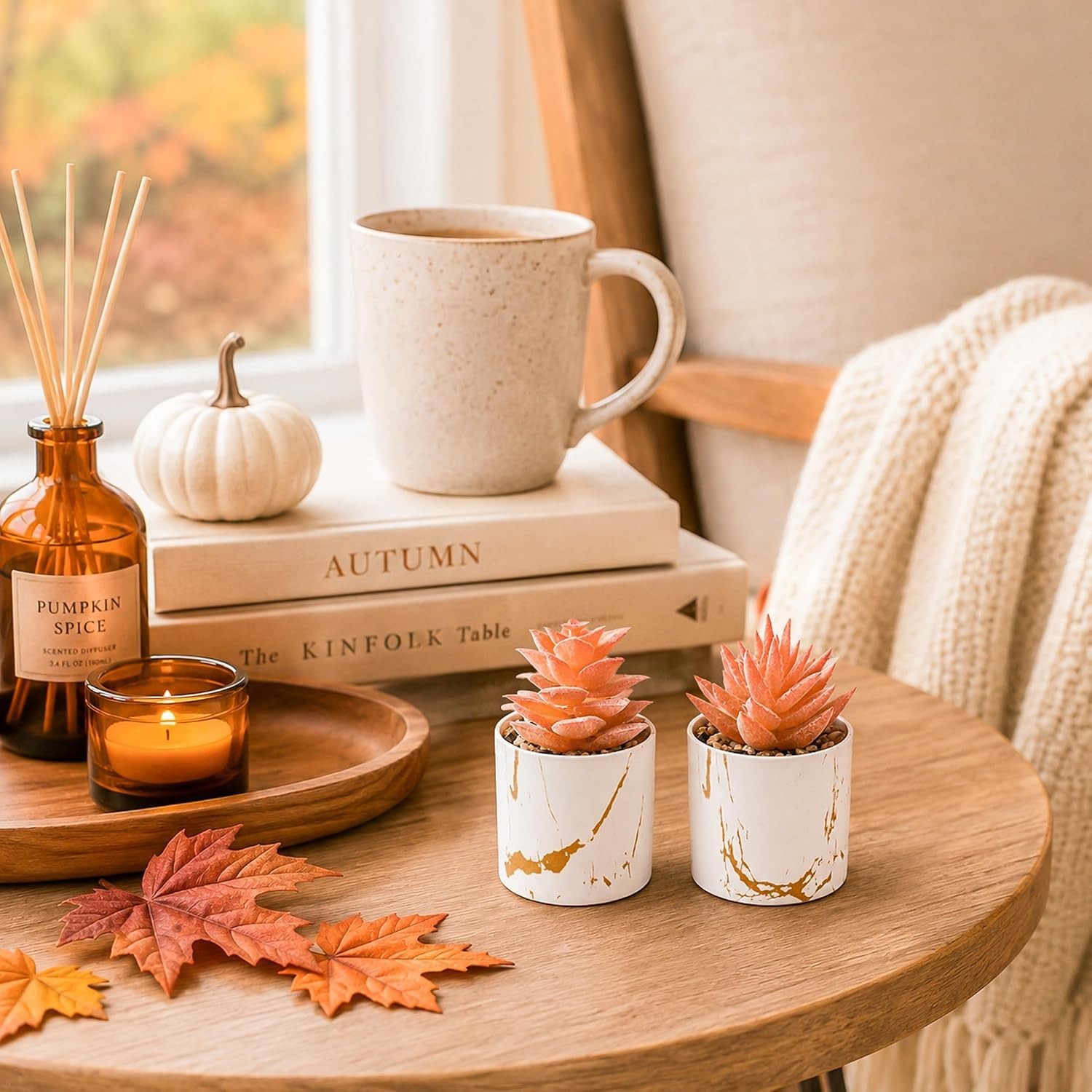 Set of 2 Fall Artificial Succulent Plants, Mini Fake Succulents, Fall Decorat…