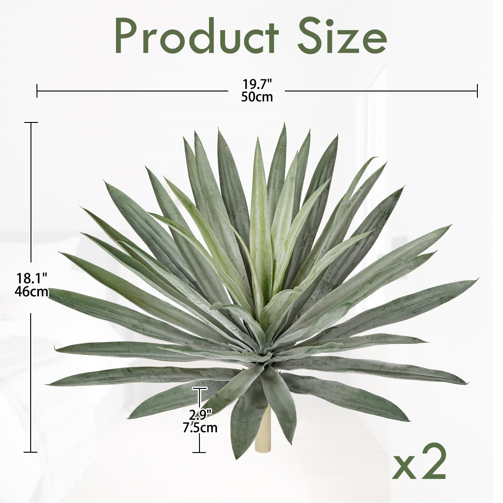 Briful Large Artificial Agave Plant Stems, 2 Pack 18.1in Faux Bushes Fake Silk