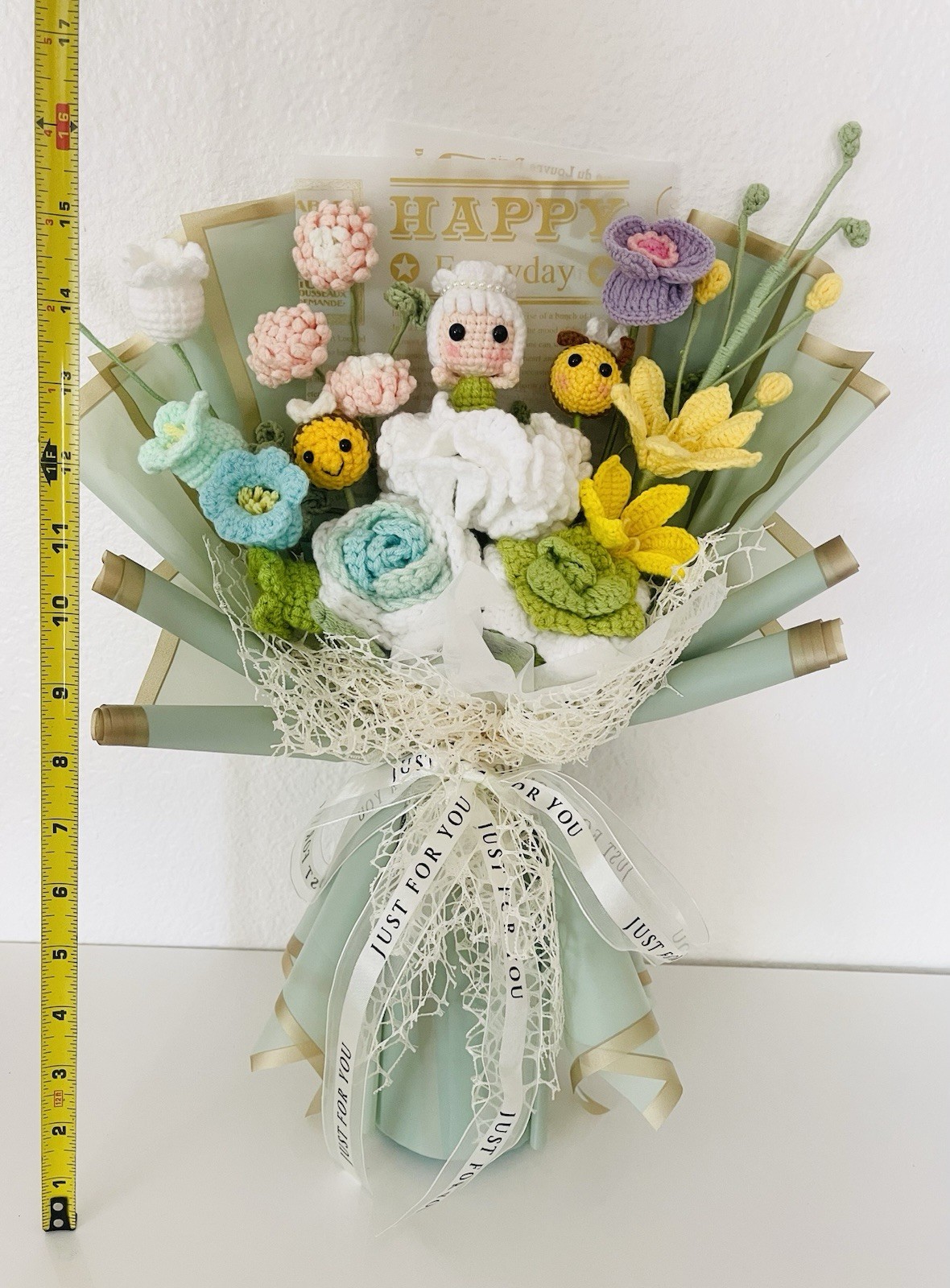 Artificial Crochet Rose Flower Bouquet Arrangement, Birthday, 16×12 Multicolor