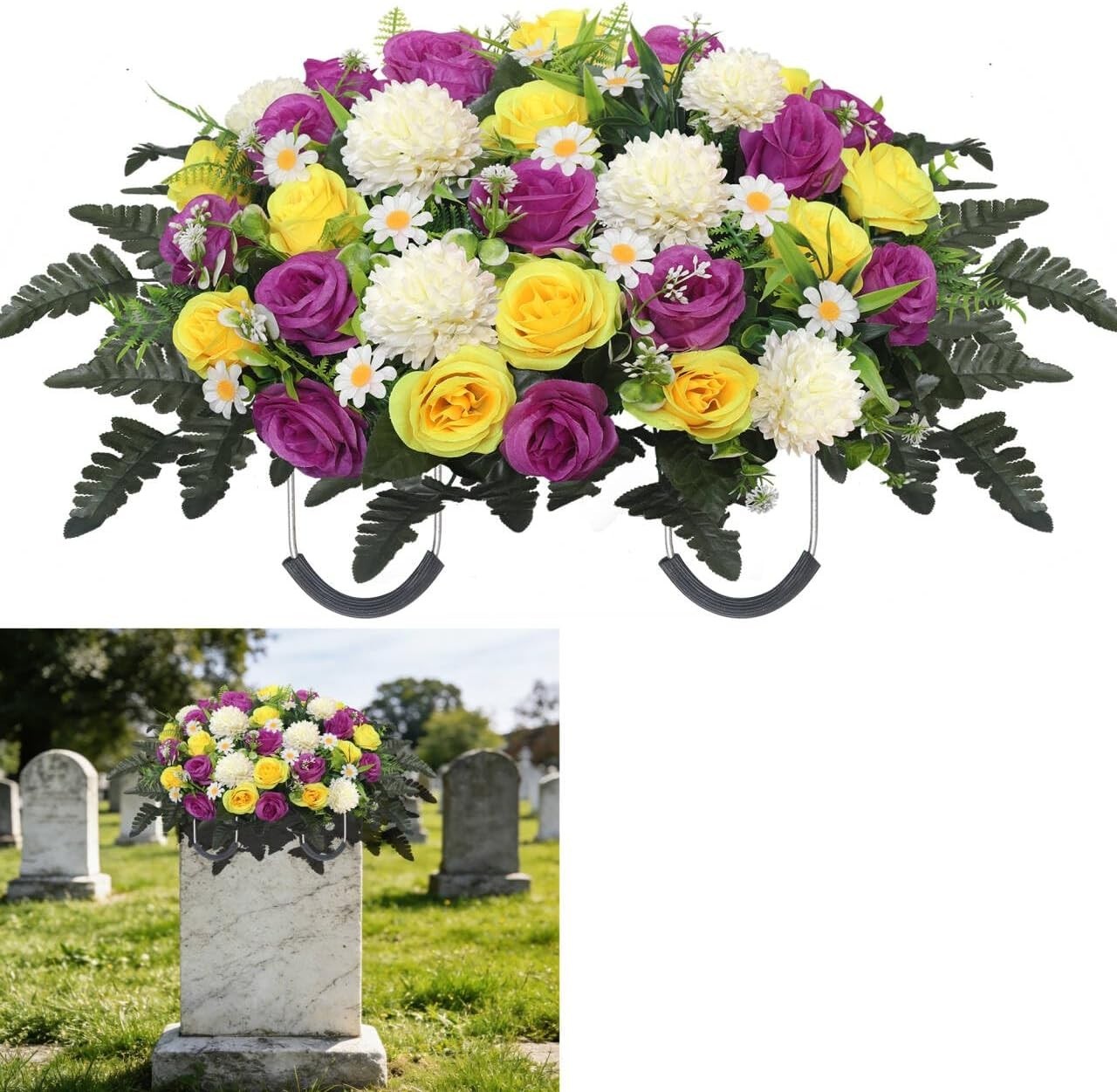 Headstone Flower Saddle,Large Artificial Cemetery Flowers for Grave Roses & C…