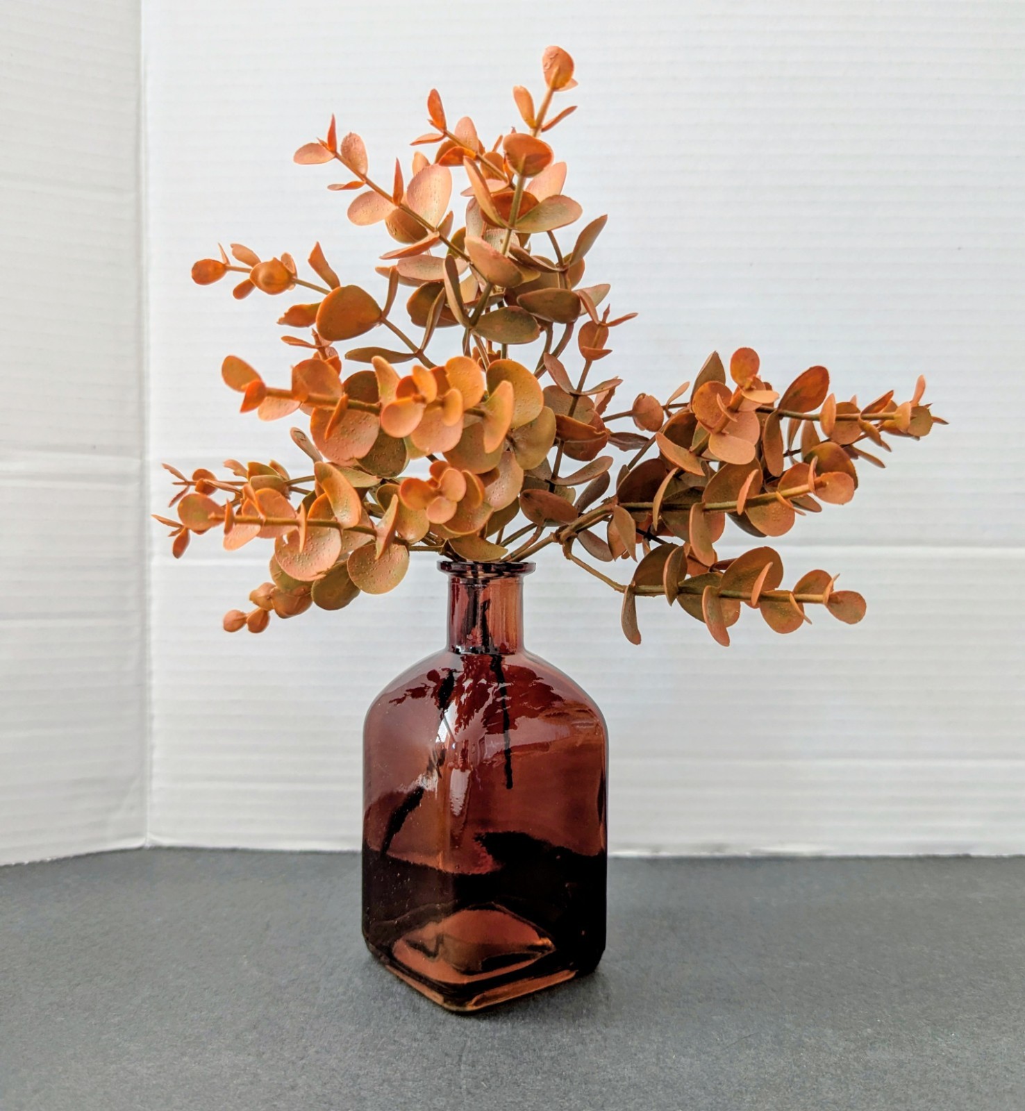 NEW Small Dark Am Bud Vase w/ Brown Eucalyptus Stems Fall Decor 5.5″ x 2.5″