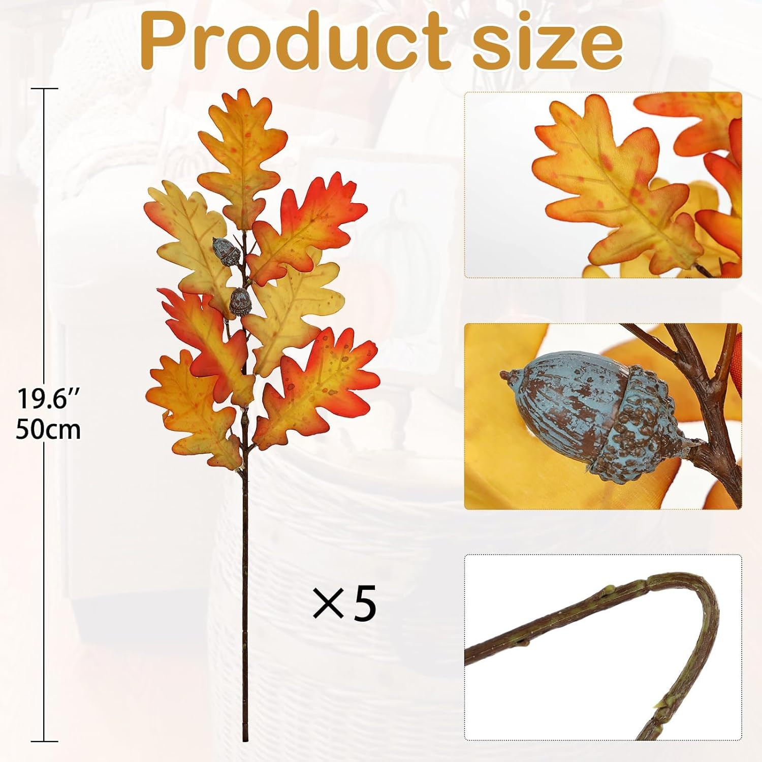 5 Pcs Artificial Fall Oak Leaves Stems 19.6” Fake Autumn Foliage Orange#2