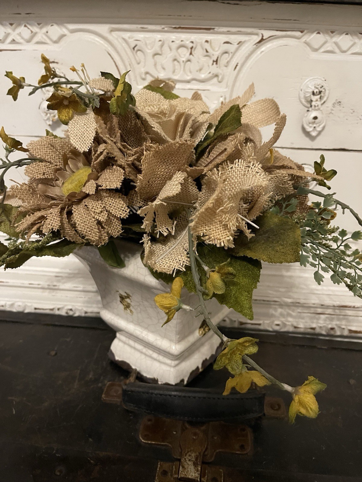 Burlap Flowers Farmhouse White Distressed Rustic Floral Centerpiece Decor