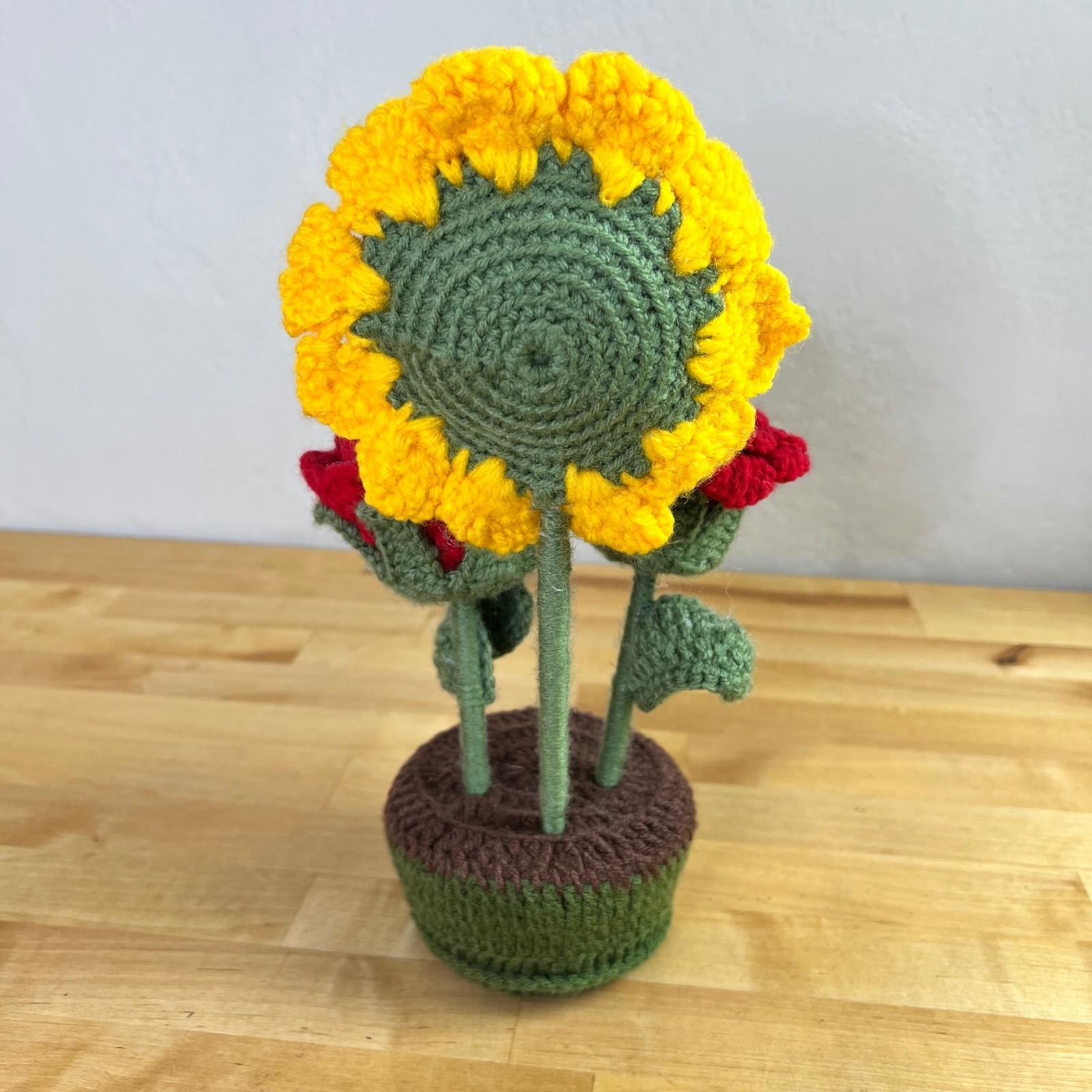 Handmade Crochet Sunflower and Red Roses Potted Plant Decor Floral Cottagecore