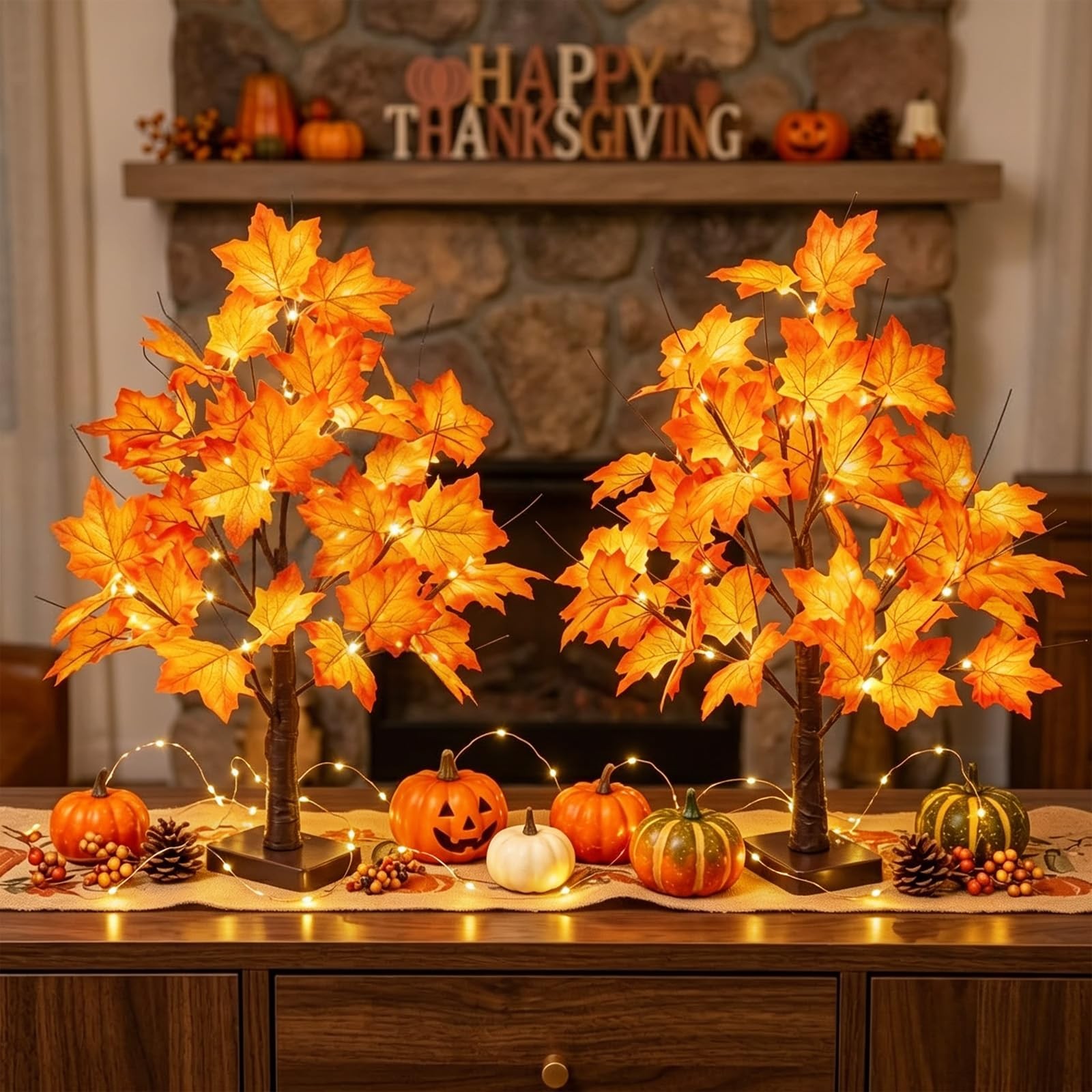 Fall Decorations Maple Tree with 24 LED Lights Tabletop Thanksgiving Gift 2 Pack