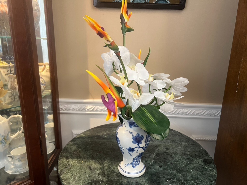 Floral Arrangement with Multi-Colored Silk Flowers in a Blue White Vase