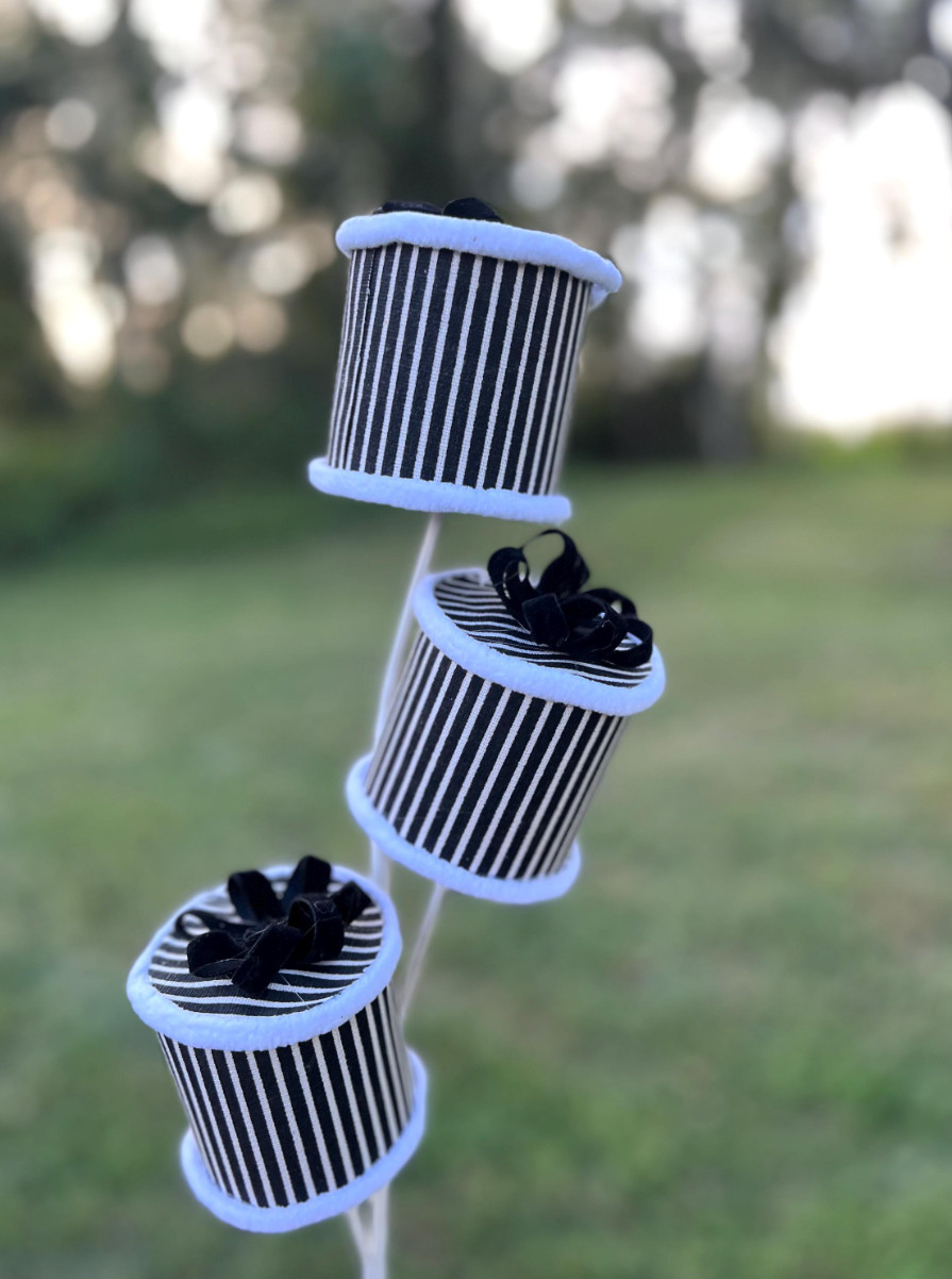 Black and White Striped Round Present Packages Spray Stem Christmas Pick