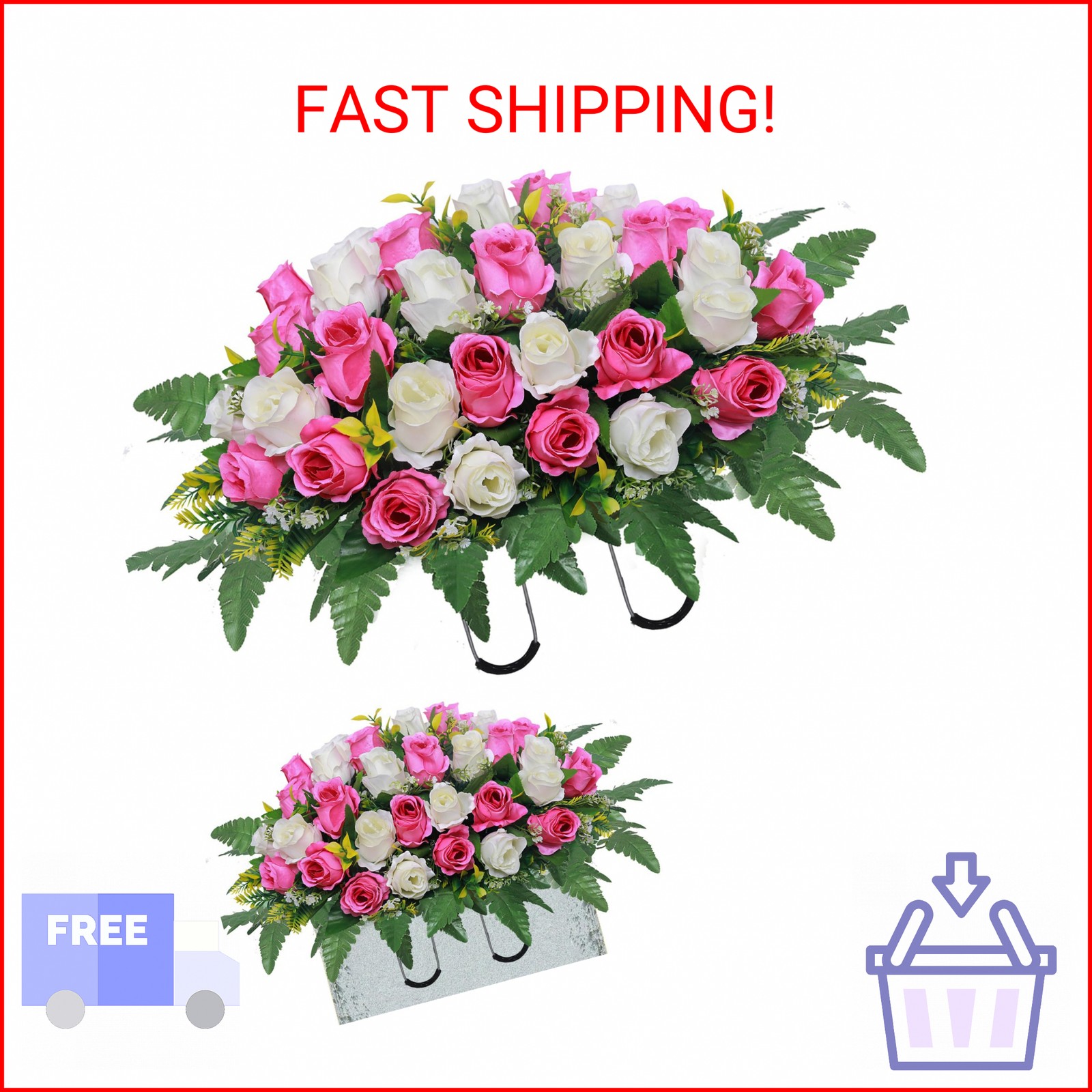 Lodou Artificial Cemetery Flower Saddles, Rose Headstone Flower Saddle Outdoor G
