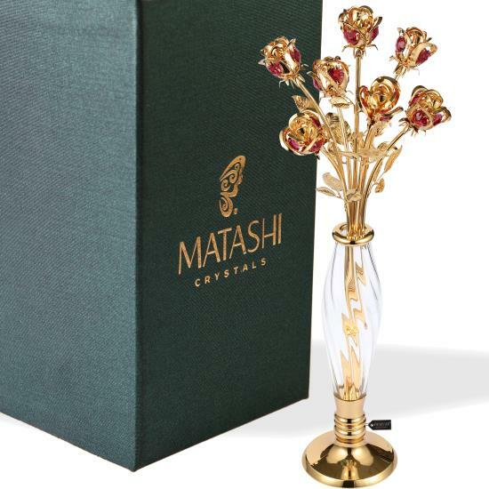 Matashi 24K Gold Dipped Crystal Studded Rose Bouquet in Elegant Vase w/ Crystals