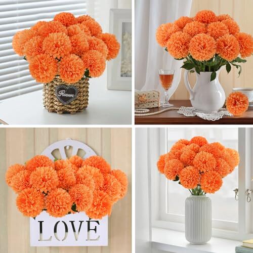 Pcs Artificial Chrysanthemums Flowers Ball Flowers Fake Mums Flowers 12 Orange