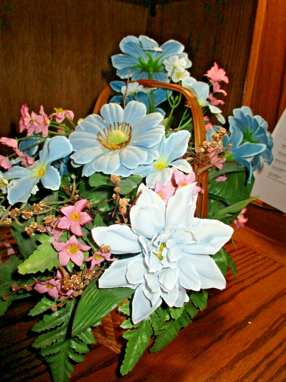 Artificial Silk Flower Arrangement Blue/ Pink Florals In Wood-Wicker Basket 516