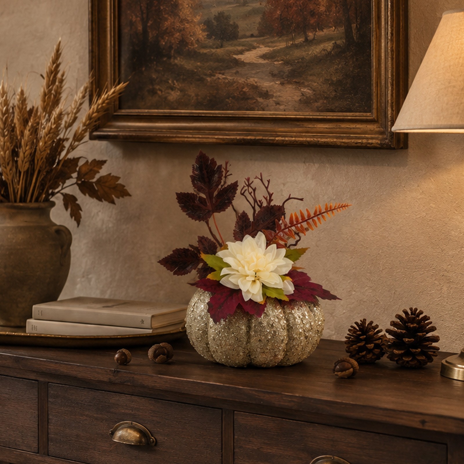 Table Centerpiece: Glitter Pumpkin with Silk Dahlias and Printed Leaves