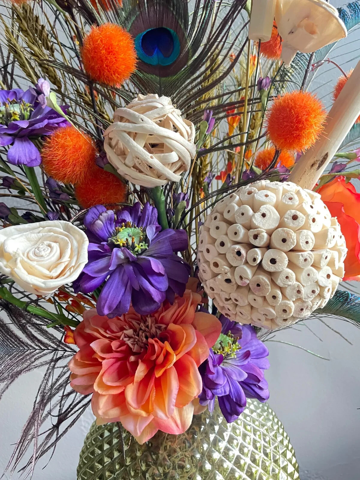 Peacock Centerpiece: Earthy Floral Arrangement, Cute Purple & Orange Room Decor