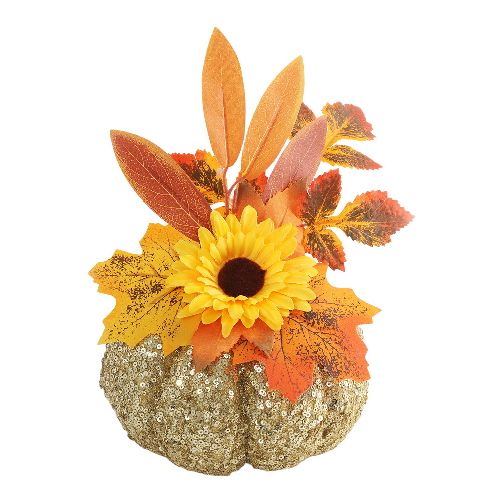Table Centerpiece: Glitter Pumpkin with Silk Dahlias and Printed Leaves