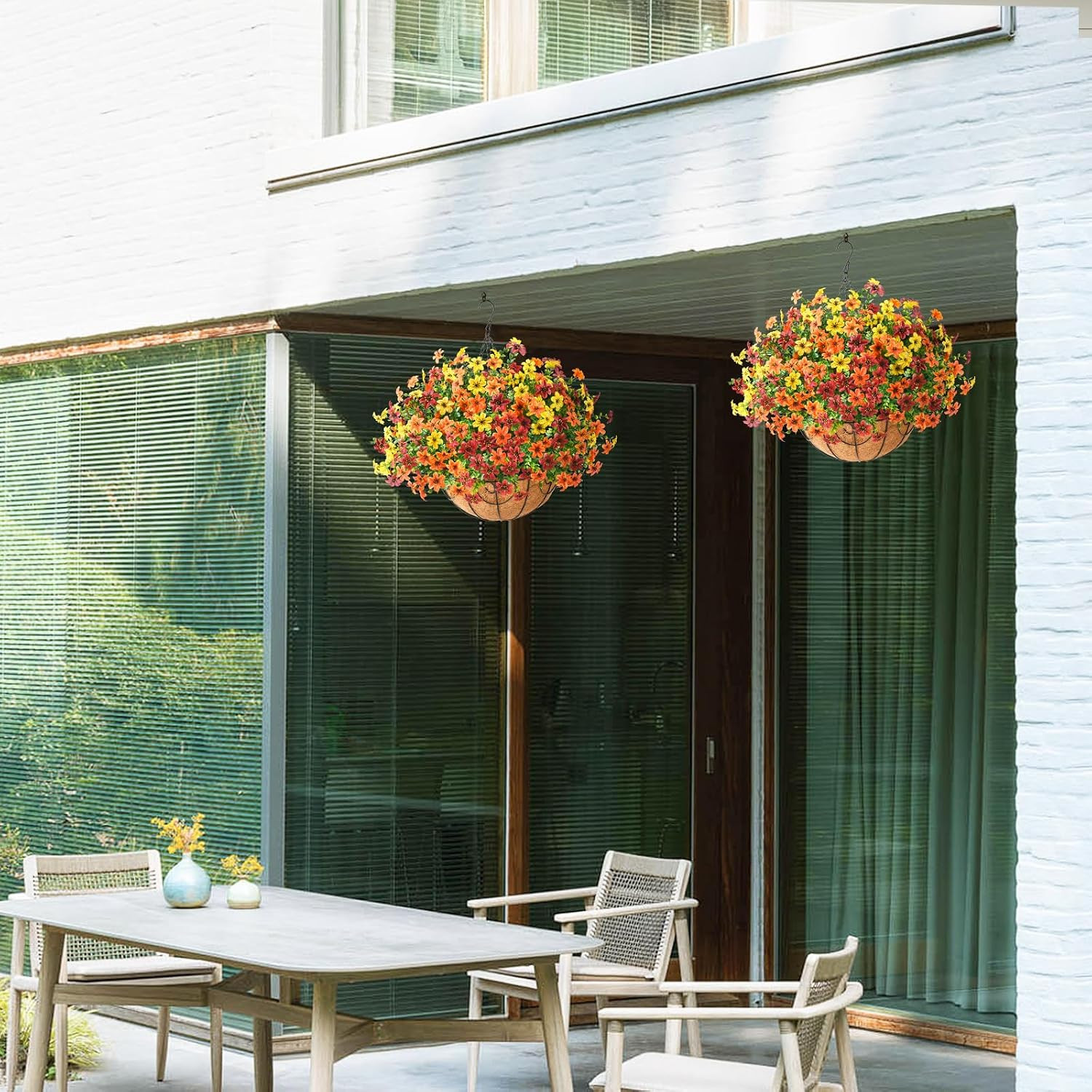 12 Pcs Faux Fall Flowers in Hanging Basket | UV Resistant Silk Daisy Decor