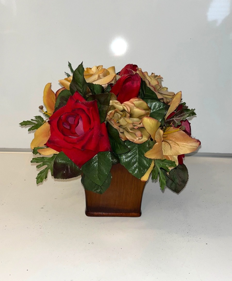 Red & Yellow Faux Flower Roses Centerpiece Beige Mahoga Brown Neutral Home Decor