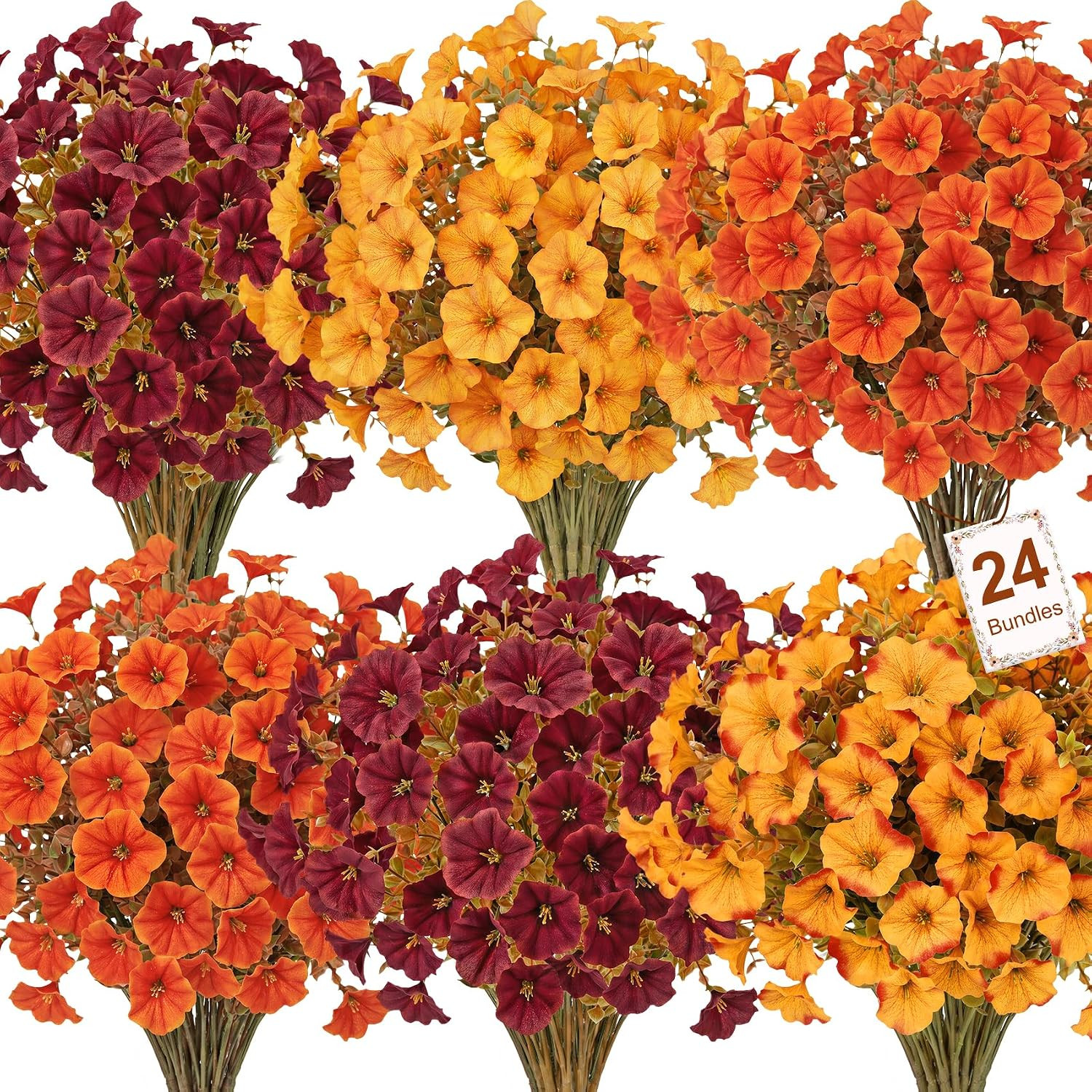 24 Pcs Artificial Fall Flowers for Outdoors Decor, Mixed Orange | Realistic Morn