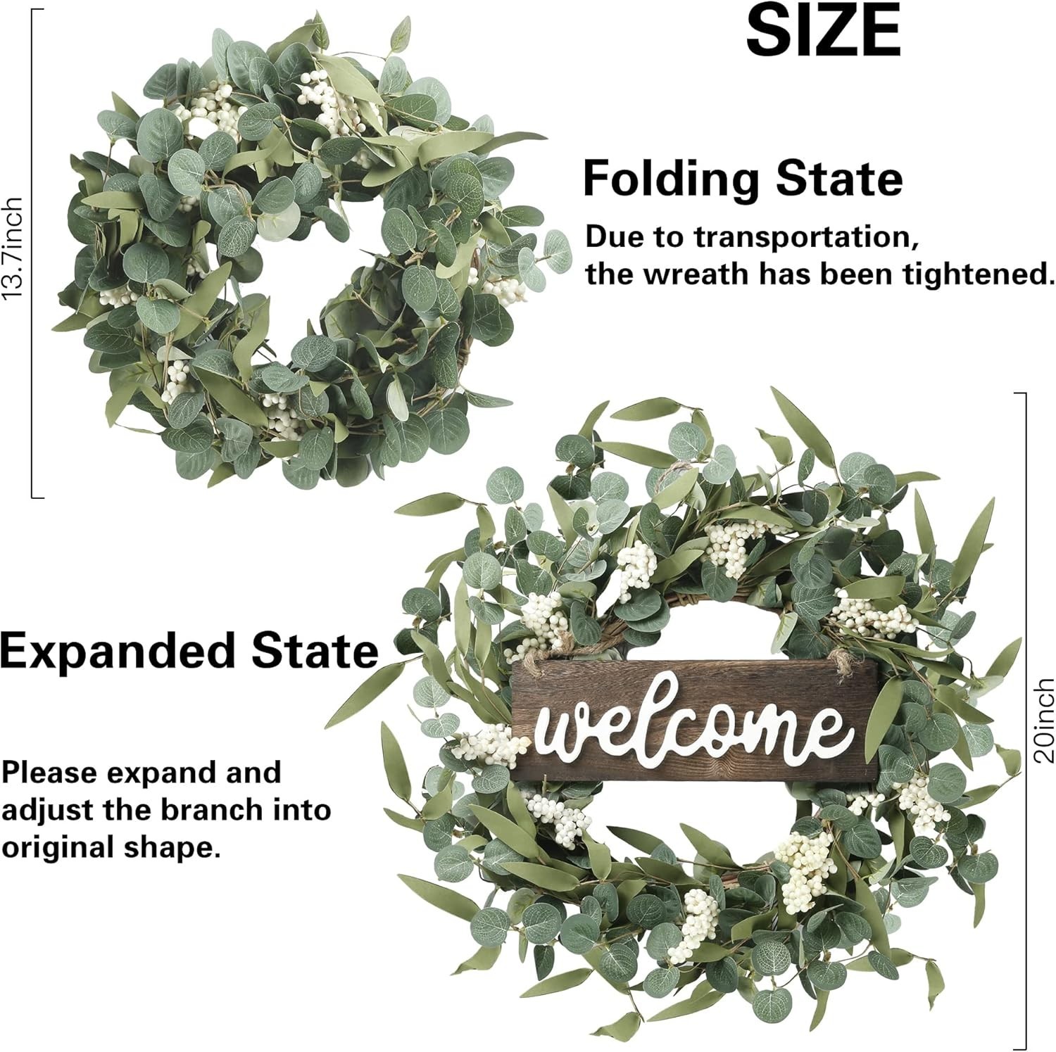 Artificial Green Eucalyptus Wreath with 3D Wood Alphabet – 20in All-Season Decor