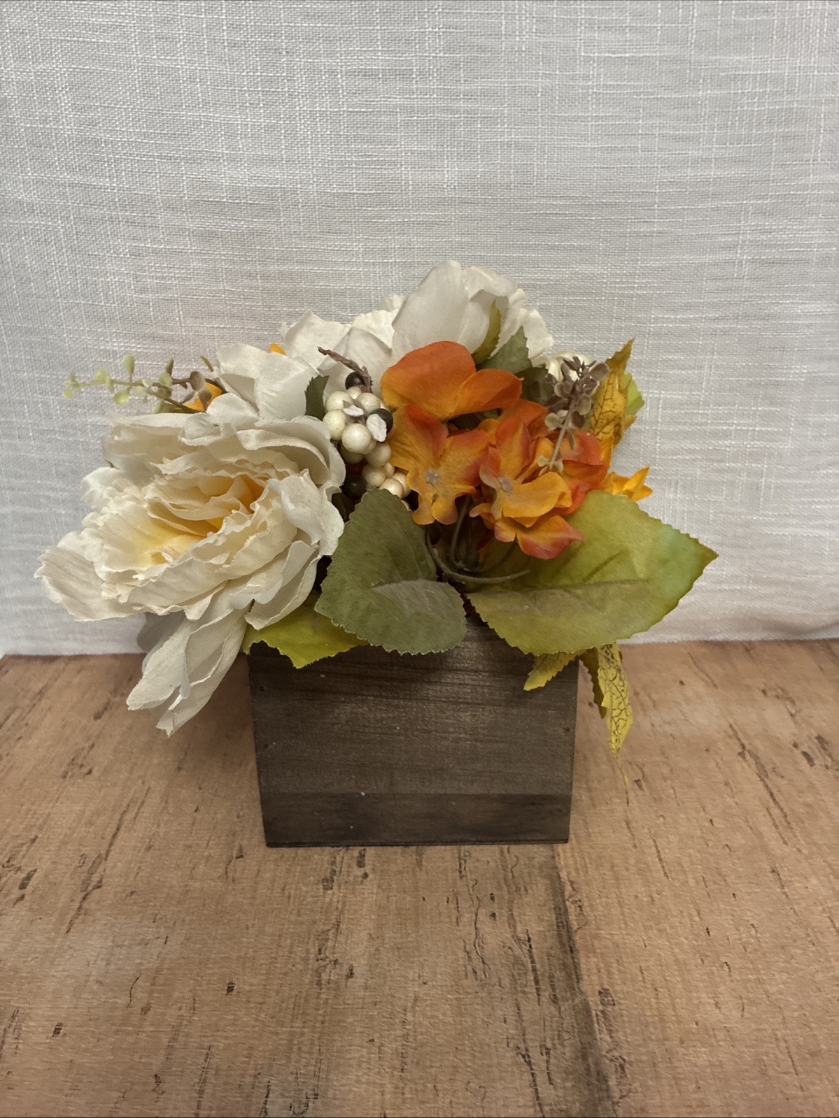Faux Floral Arrangement In Wood Box Multicolor White, Yellow, Orange 5” Box 9”T