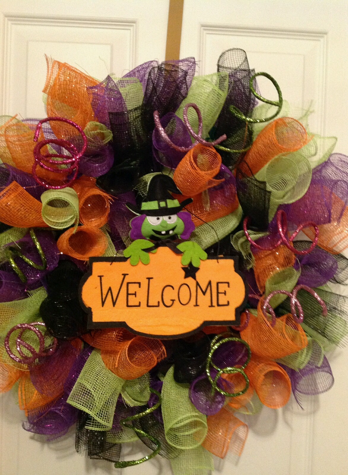 Handmade halloween,fall,pumpkin,orange, purple, green black deco mesh wreath