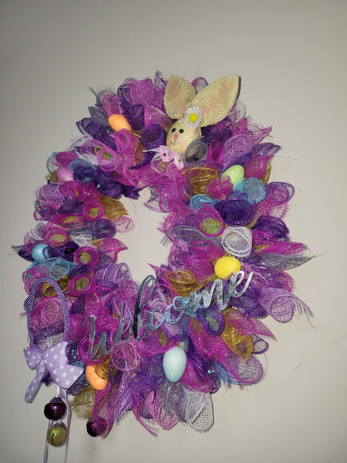 Welcome EASTER egg basket blue yellow purple pink SPRING Wreath Deco Mesh Door