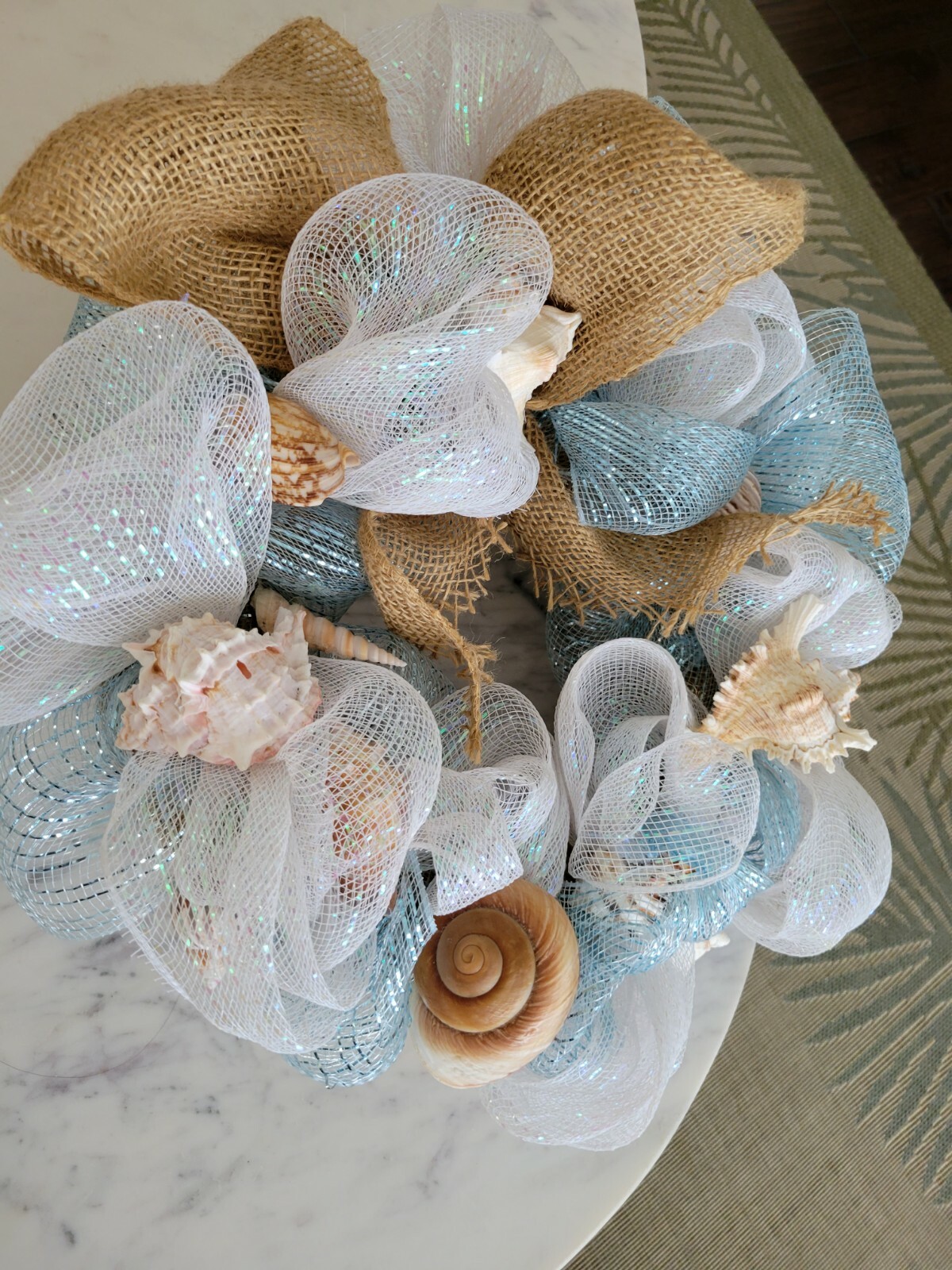 Beautiful Romantic shimmery ribbon SeaShell Wreath 16″ Coastal beach house decor