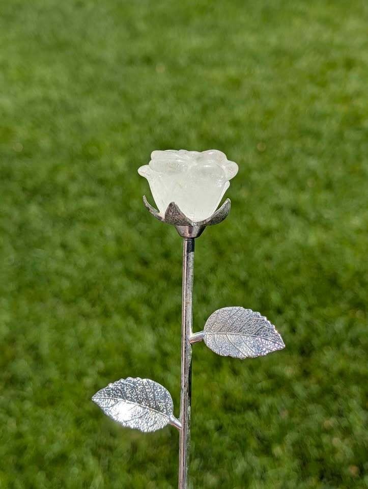 Clear Quartz Crystal Rose on Silver Stem – 9″ Long Carved Stone Flower