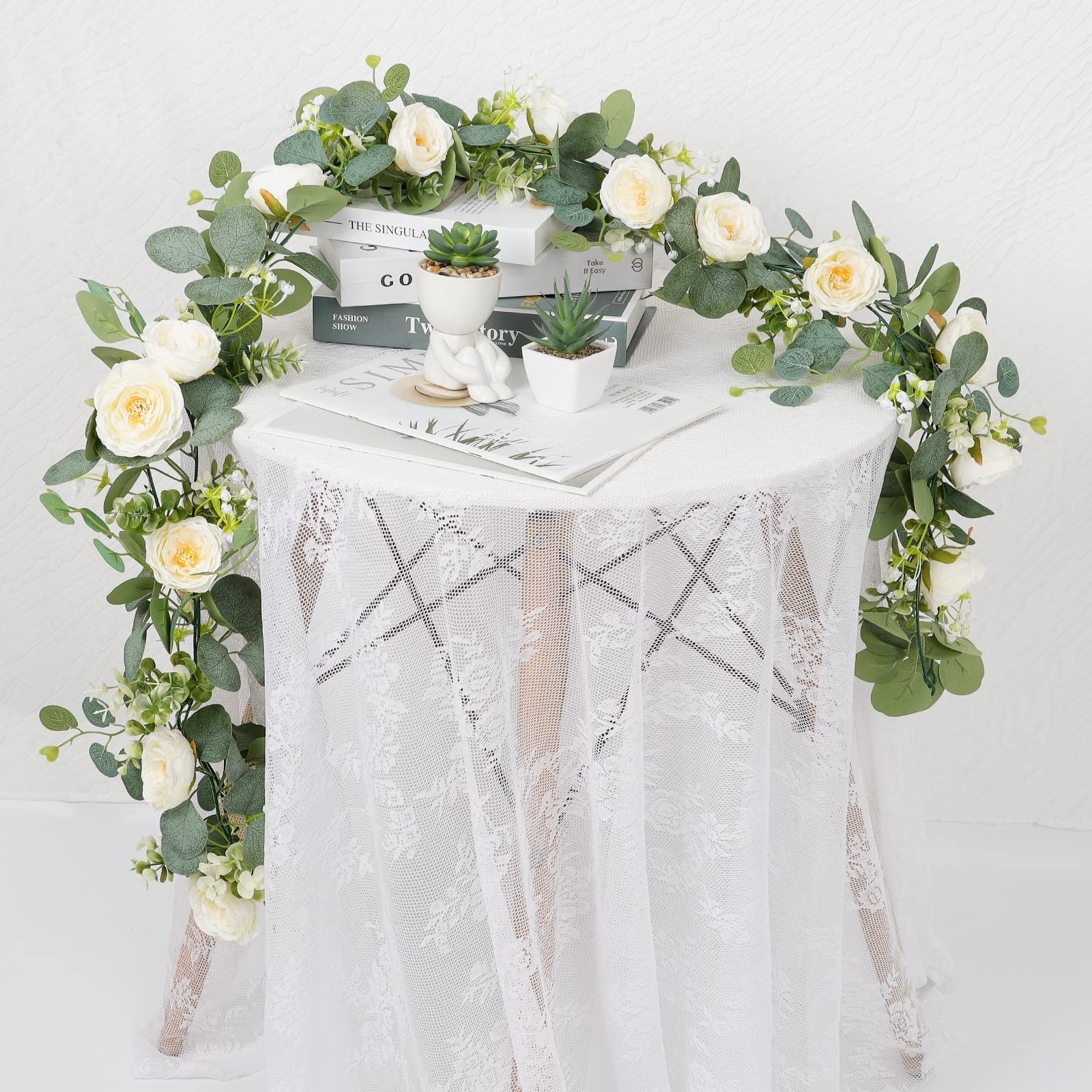 4 Pack Artificial Eucalyptus Flower Garland with White Roses, Fake Rose Flowe…