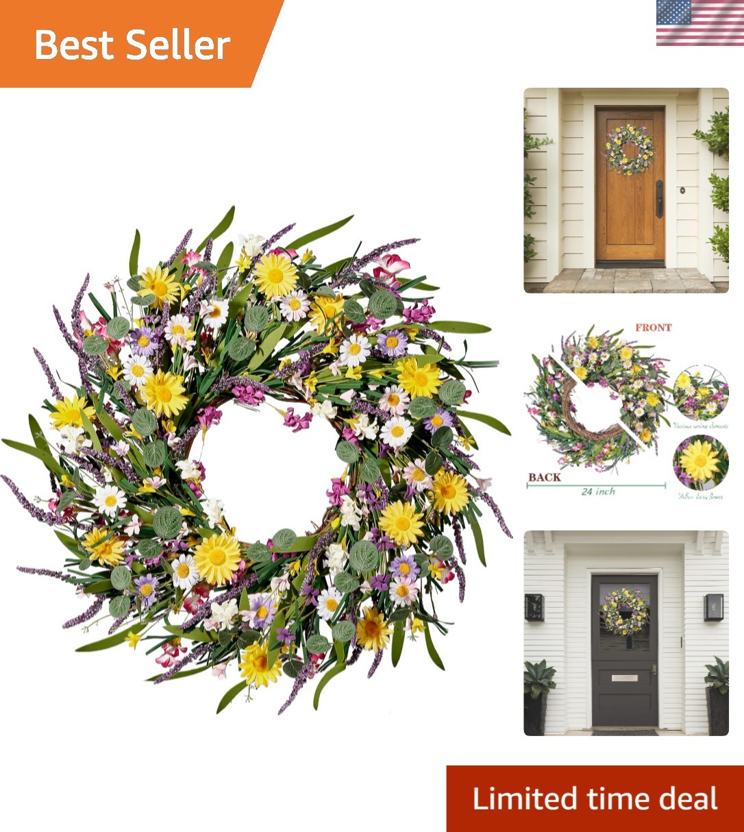 Handmade Wildflower Wreath 24” – Stunning Door and Wall Decor for All Seasons