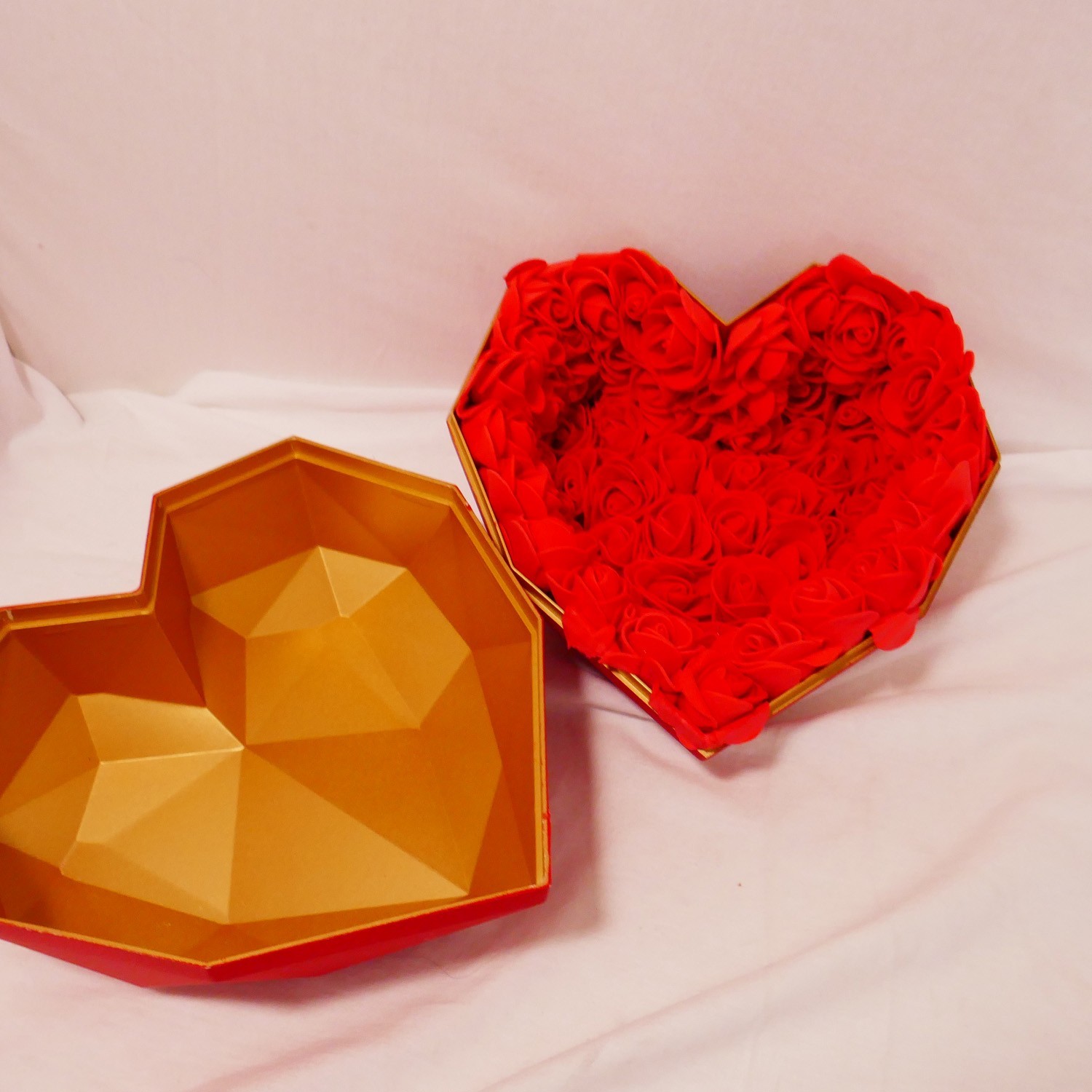 special handmade geometric heart box and plush rose flower for valentine’s day