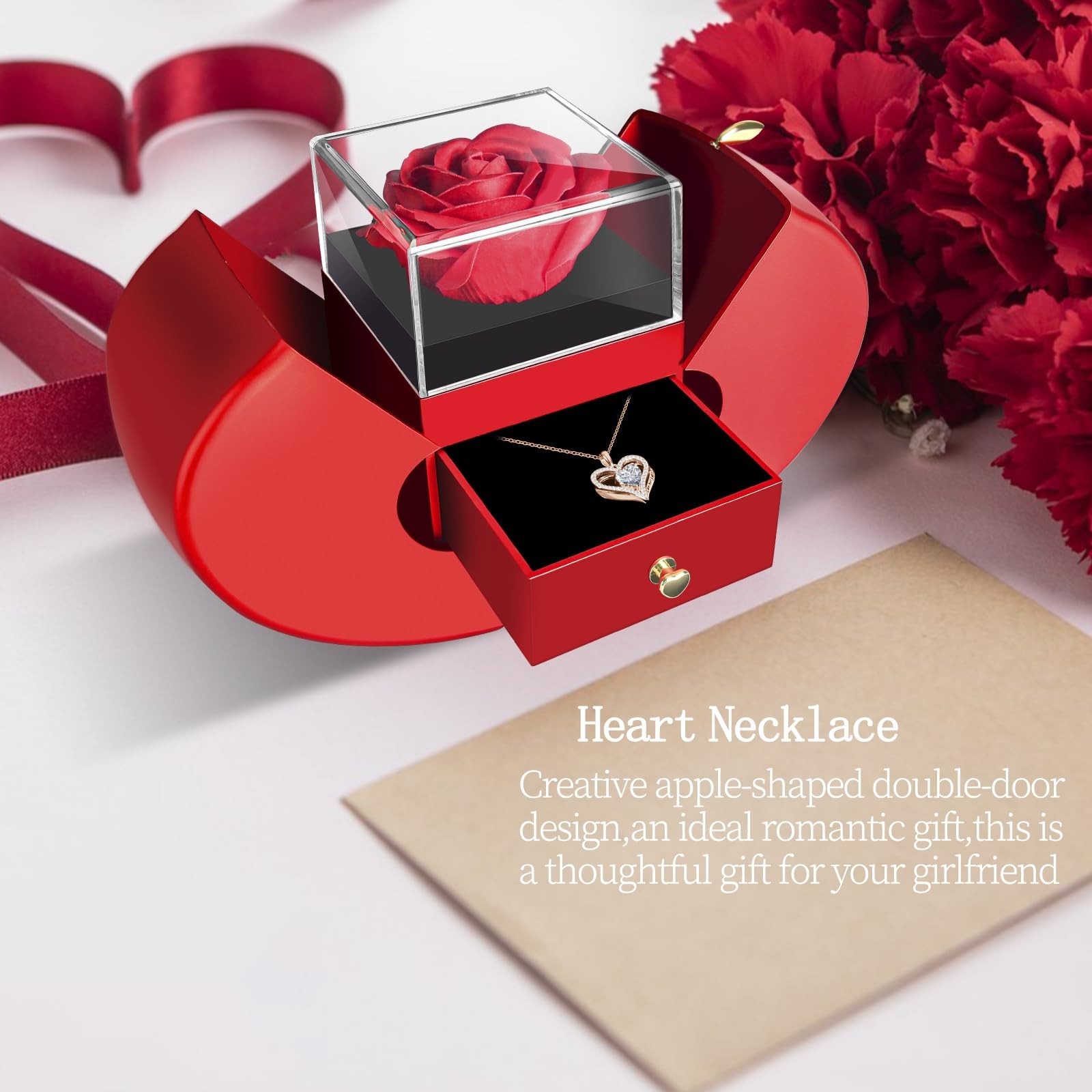 Preserved Flower Red Rose with Heart Necklace, Gifts for Mom, Girlfriend, Women,