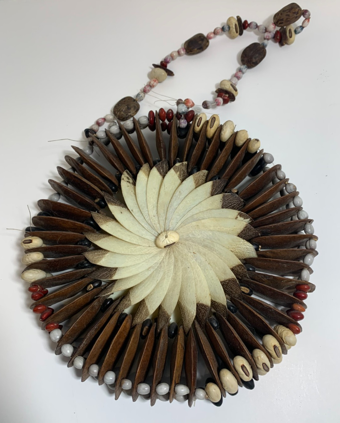 Vintage Ethnic Bean Pod Wall Wreath or Necklace Brown White Color Beans Decor