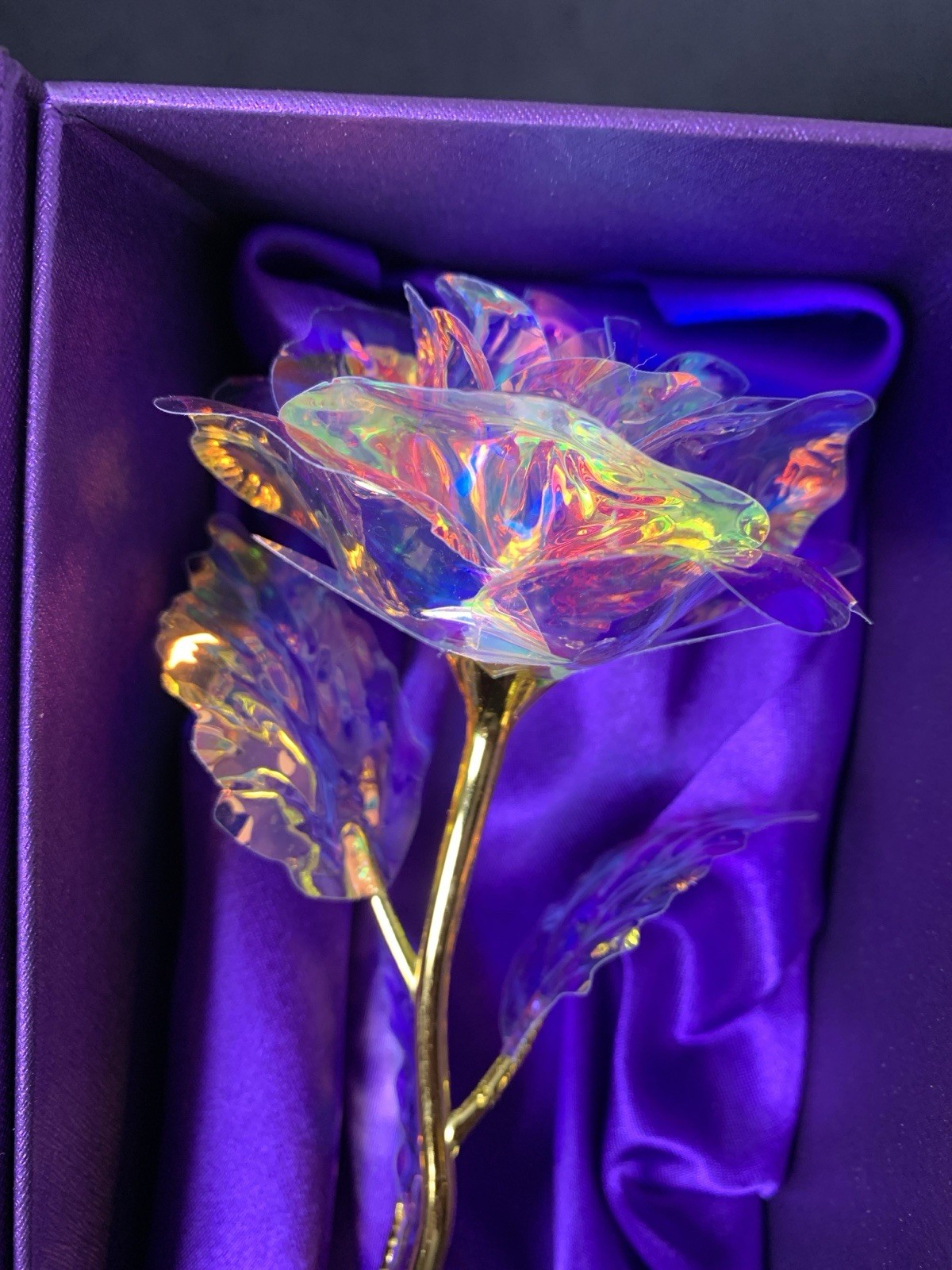 24K Gold Stem Rose Iridescent Petals 9″ Purple Satin Boxed