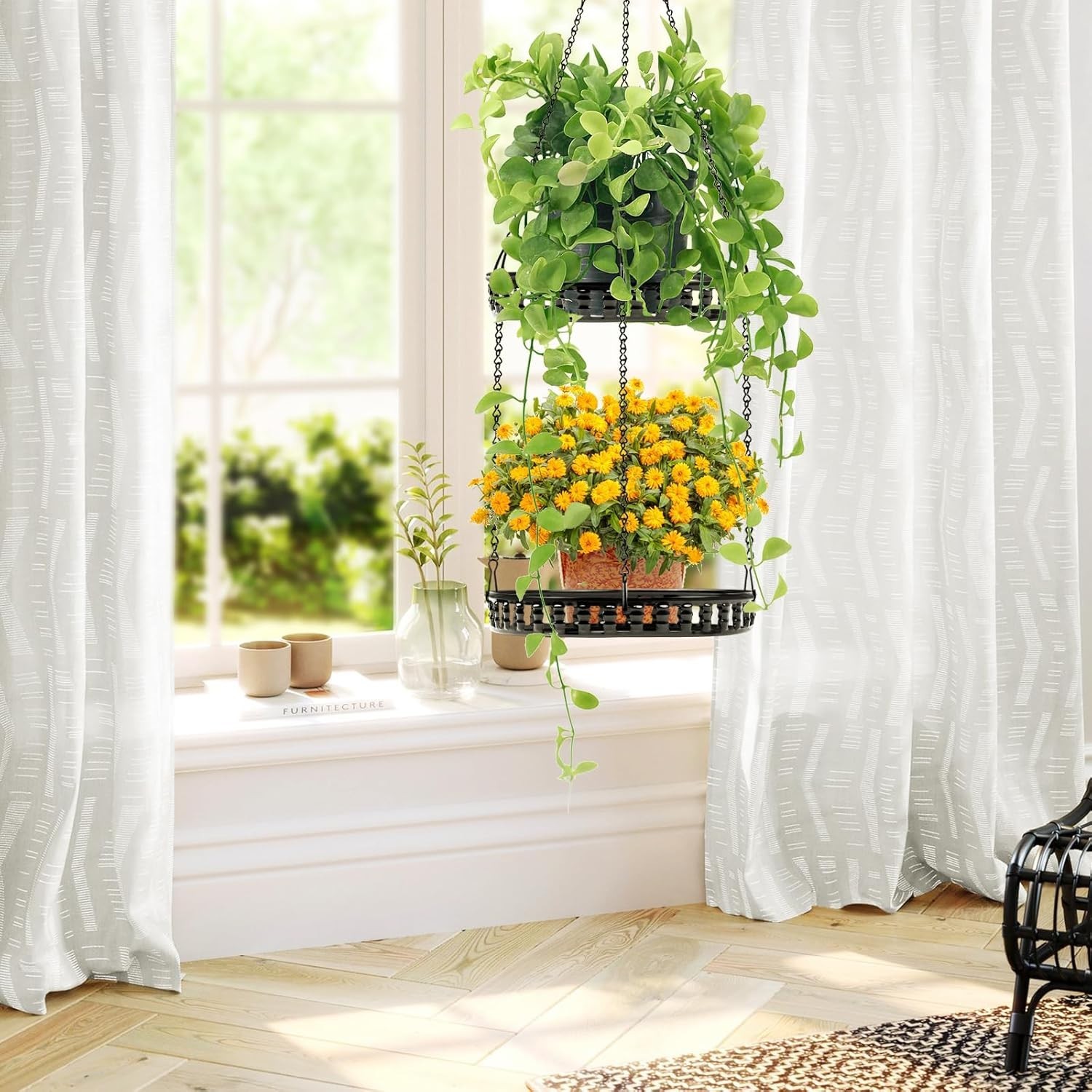 Plant Hanger Indoor Outdoor, 2 Tier Hanging Planter Plant Shelf, Metal Hanging..