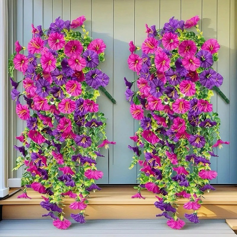 UV Resistant Faux Silk Morning Glory Hanging Flowers for Outdoor Decor 1 Pc Red