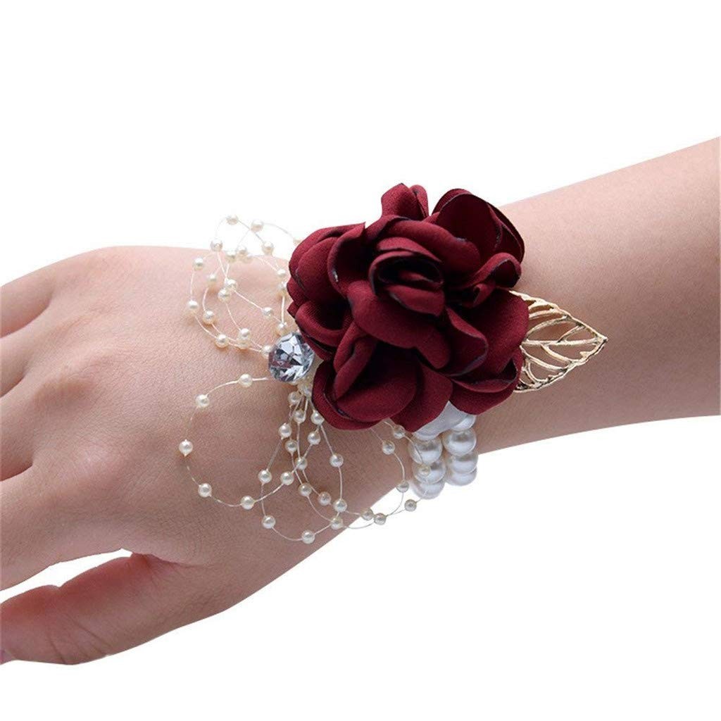 Rose Wedding Wrist Corsage Boutonniere Set Party Prom Hand Ribbon Wine Red