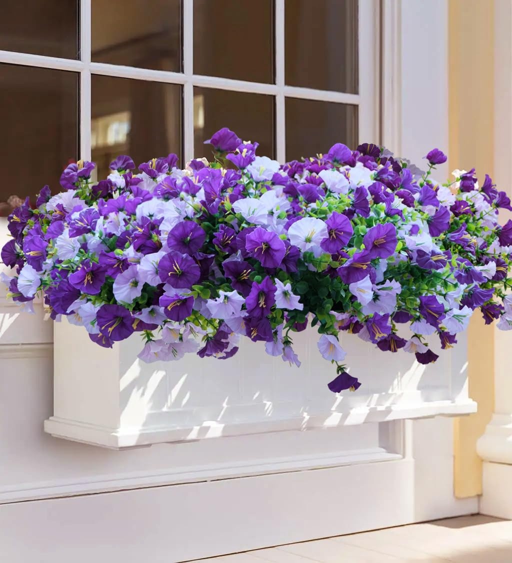 Artificial Fake Outdoor Flowers for Spring Summer Decor, 3 Bundles Faux Purple B