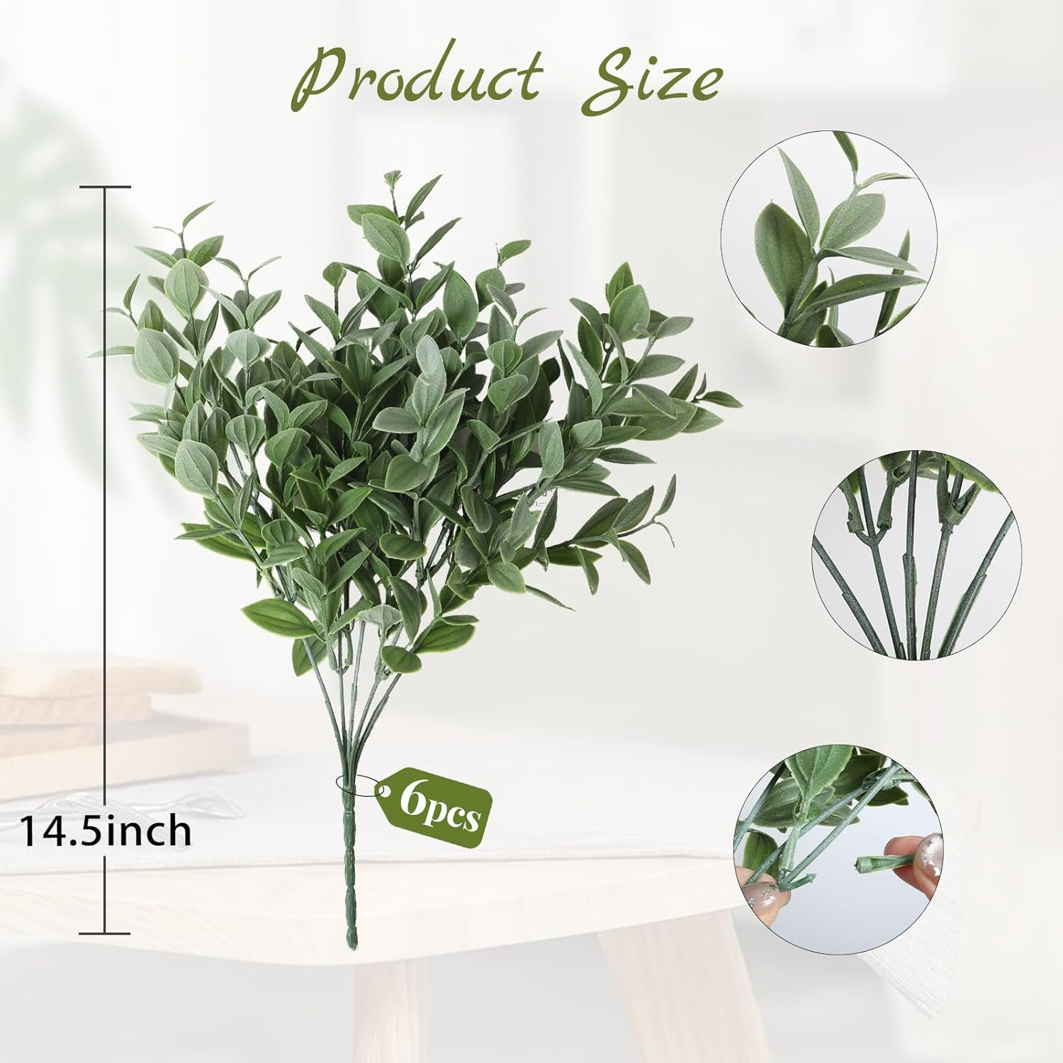 6 Bundles Artificial Greenery Stems, 14.5″ Fake Lucky Bamboo Leaves Faux Outdoor
