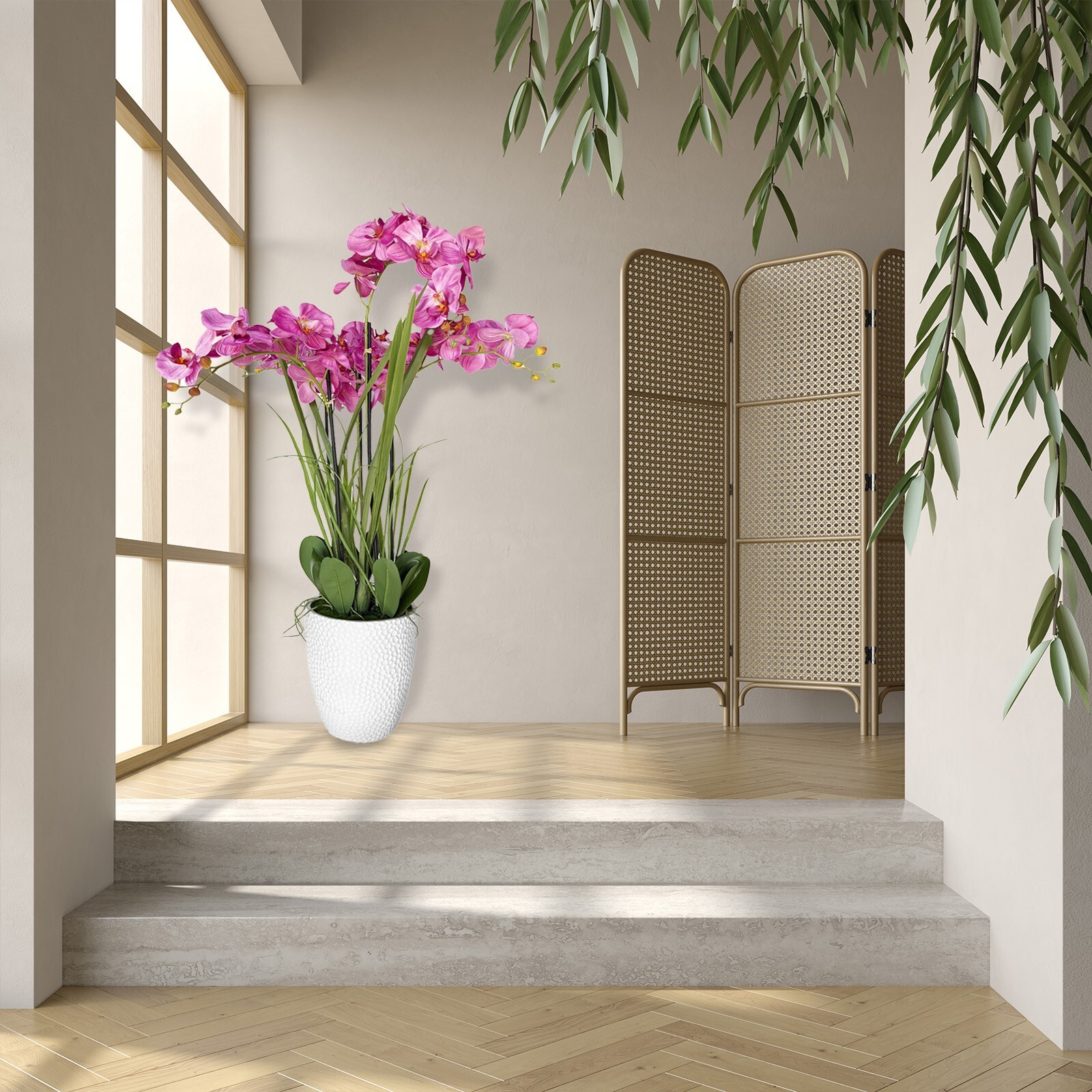49″ Artificial Flowers Potted Faux Realistic Pink Orchid in Plastic Pot