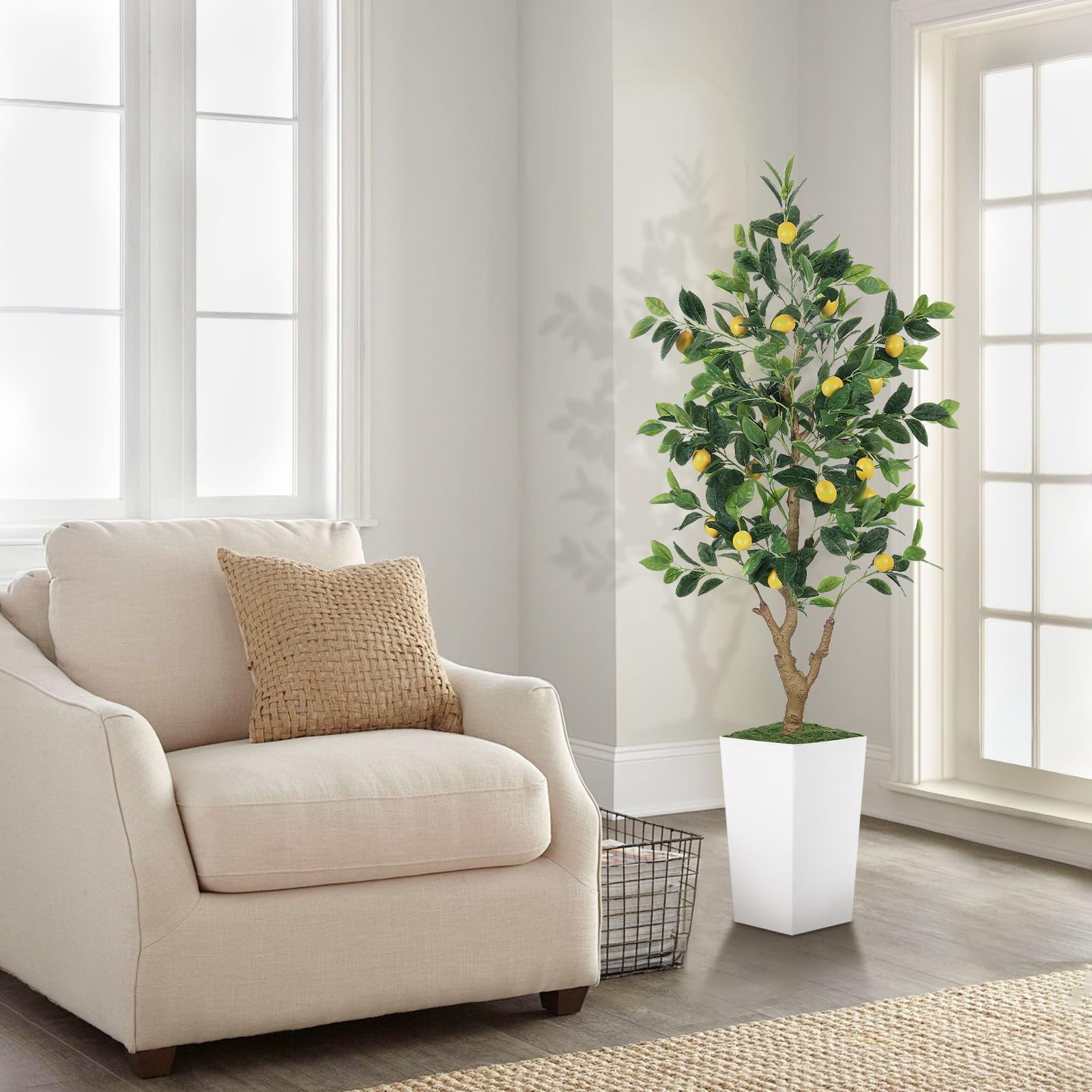 5FT Artificial Lemon Tree with Pot – 60″ Fake Lemon Tree with White Tall Plan…
