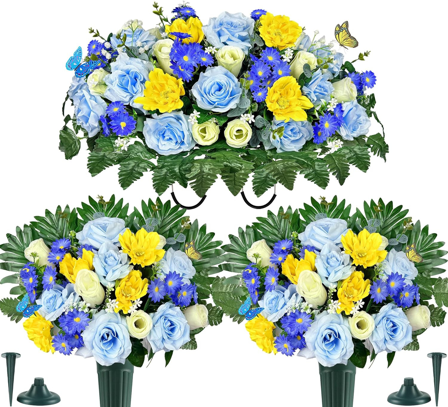 Elegant Silk Cemetery Flowers with Vases – Butterflies Included for Grave Decor