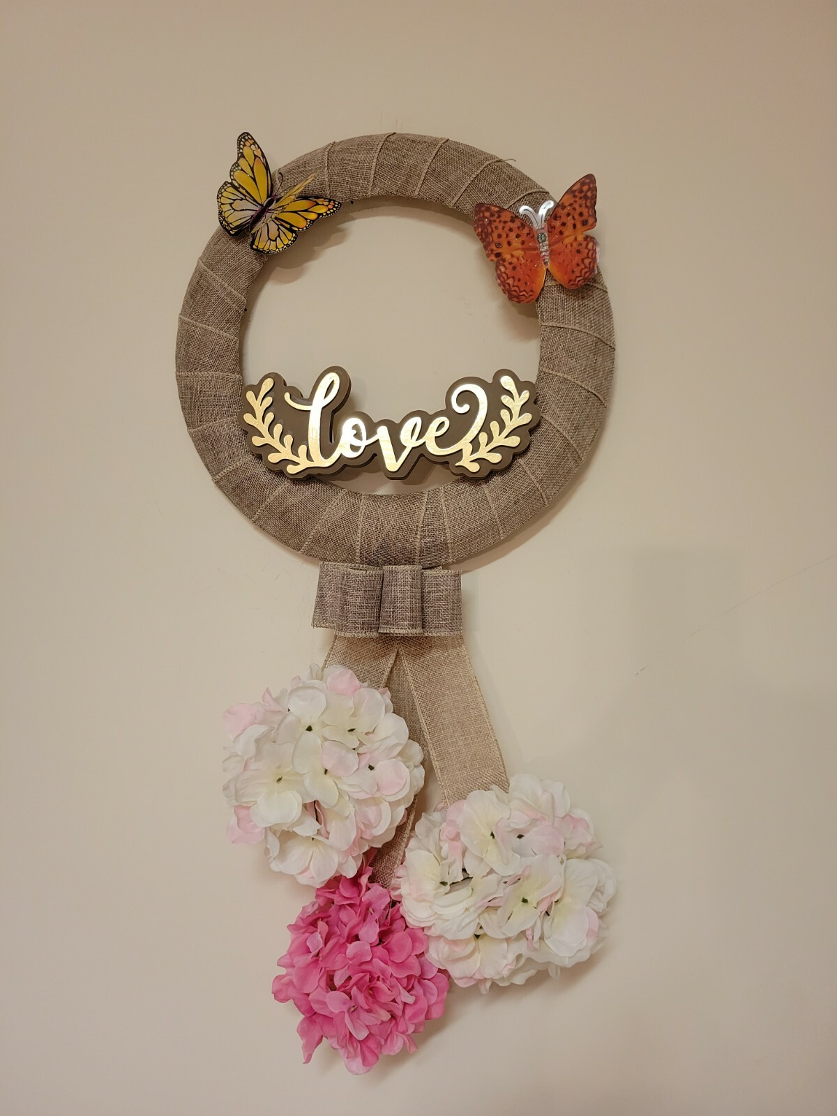 Golden LOVE coral 3D BUTTERFLY wreat WHITE PINK Hydrangeas burlap Front Door NEW