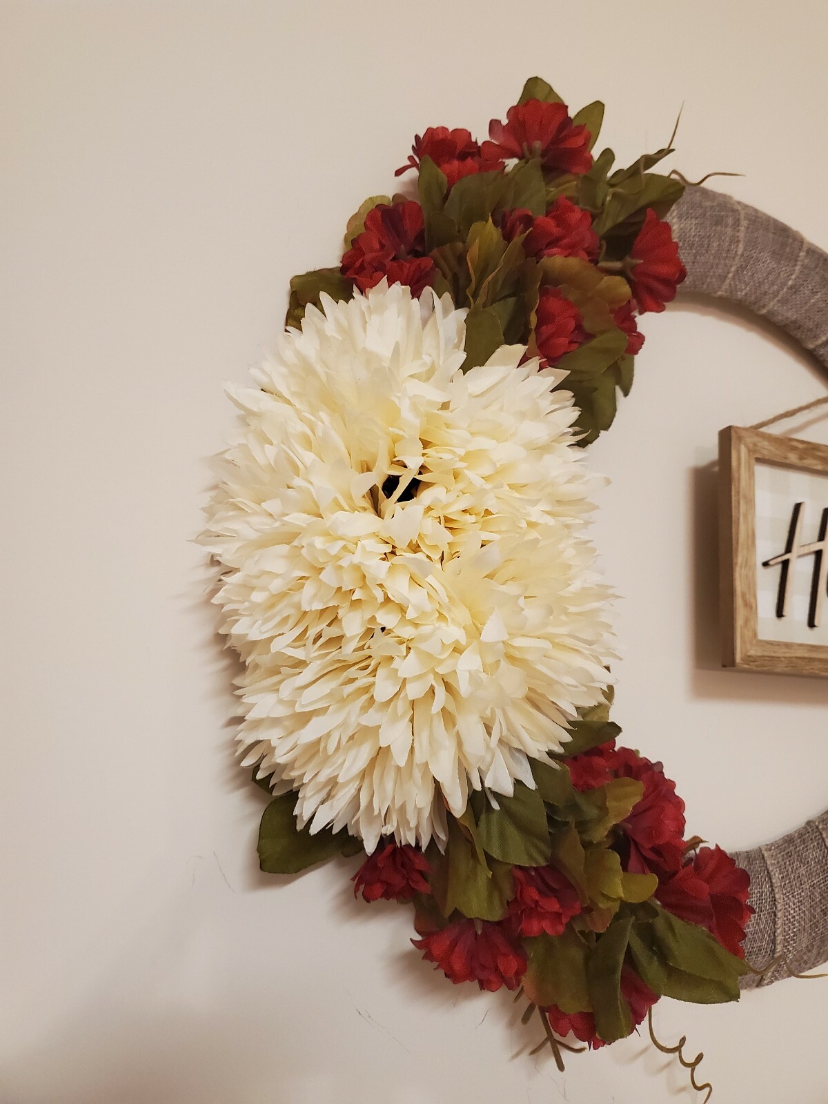 HARVEST fall FLOWER chrysanthemum mums red burlap WREATH autumn Decor Front Door