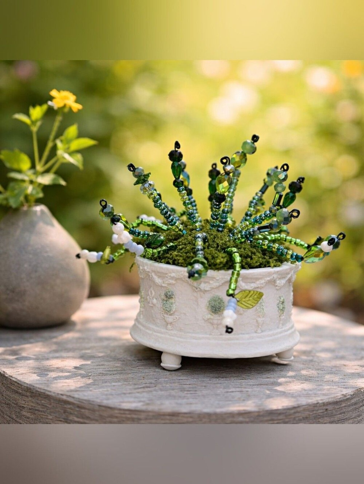 Handcrafted Green Beaded Succulent in White Decorative Pot