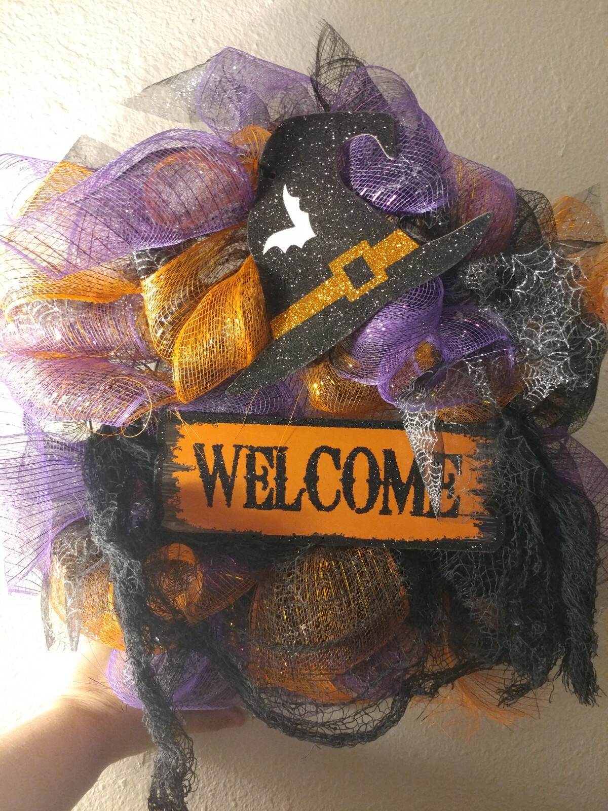 Fall – Halloween Witch Wreath, Handmade Deco Mesh, Welcome, Purple Orange