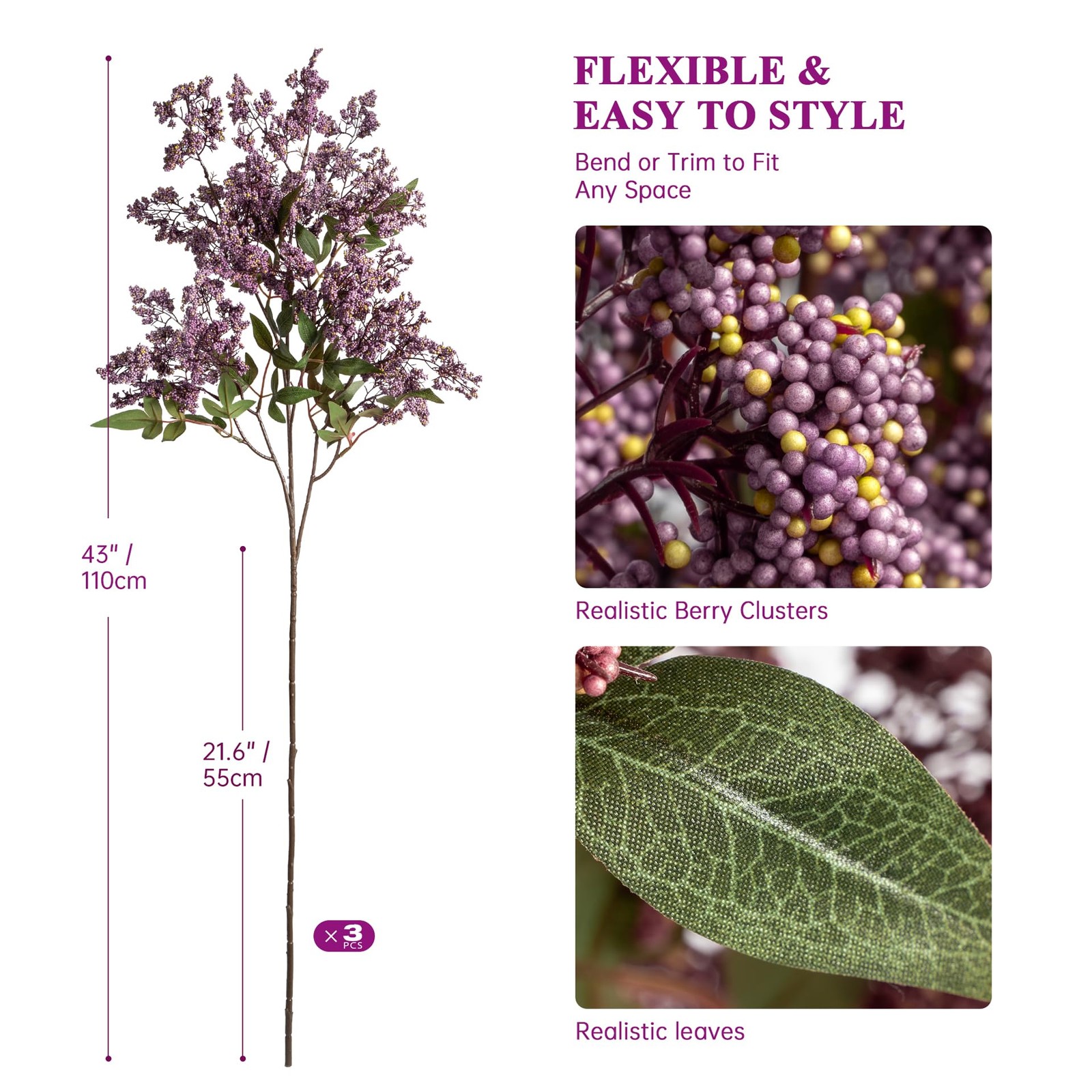 3Pcs Purple Artificial fall stems for Vase, 43 Inch faux stems realistic, , R…