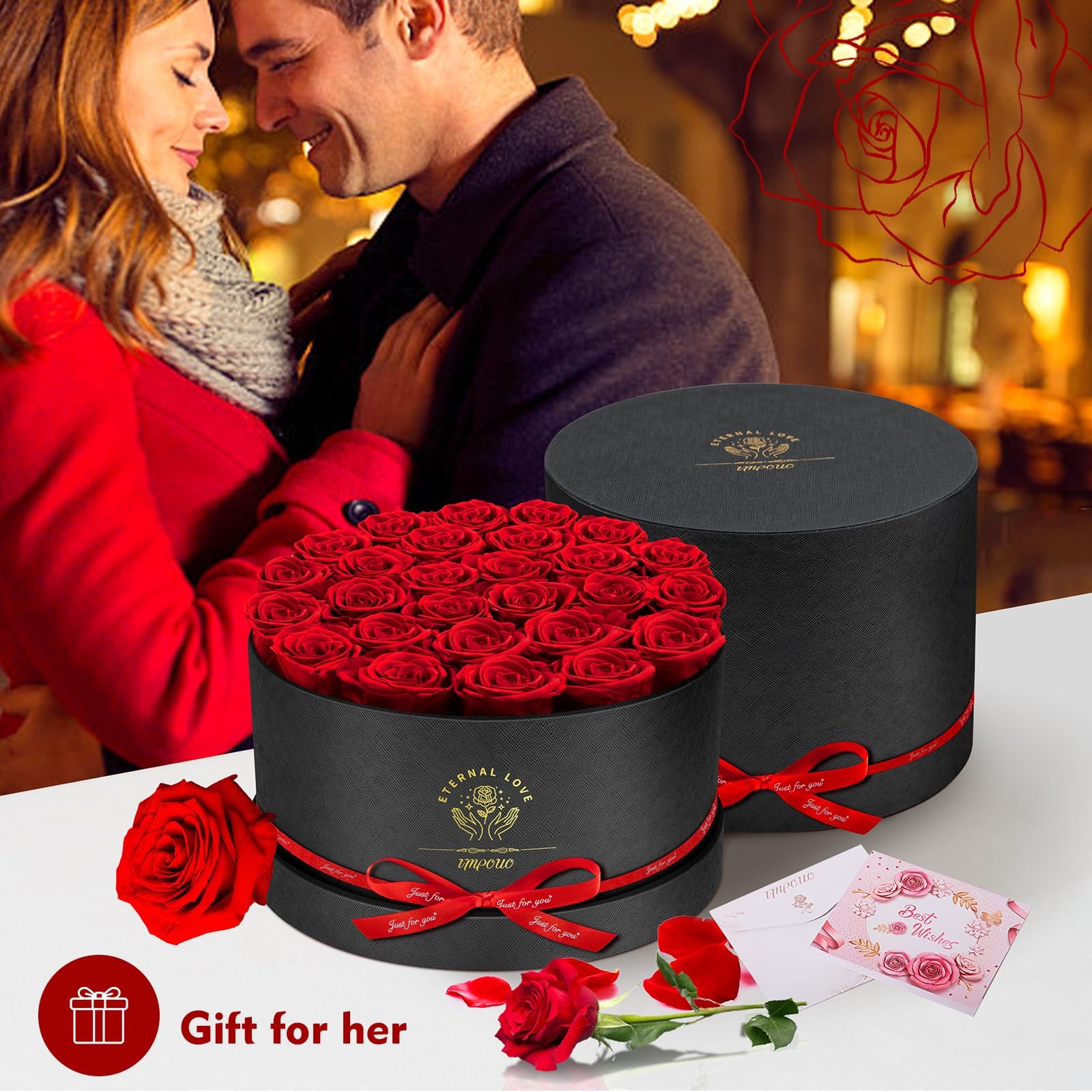 27 PCS Red Forever Roses In A Box Real Preserved Flowers Present For Women