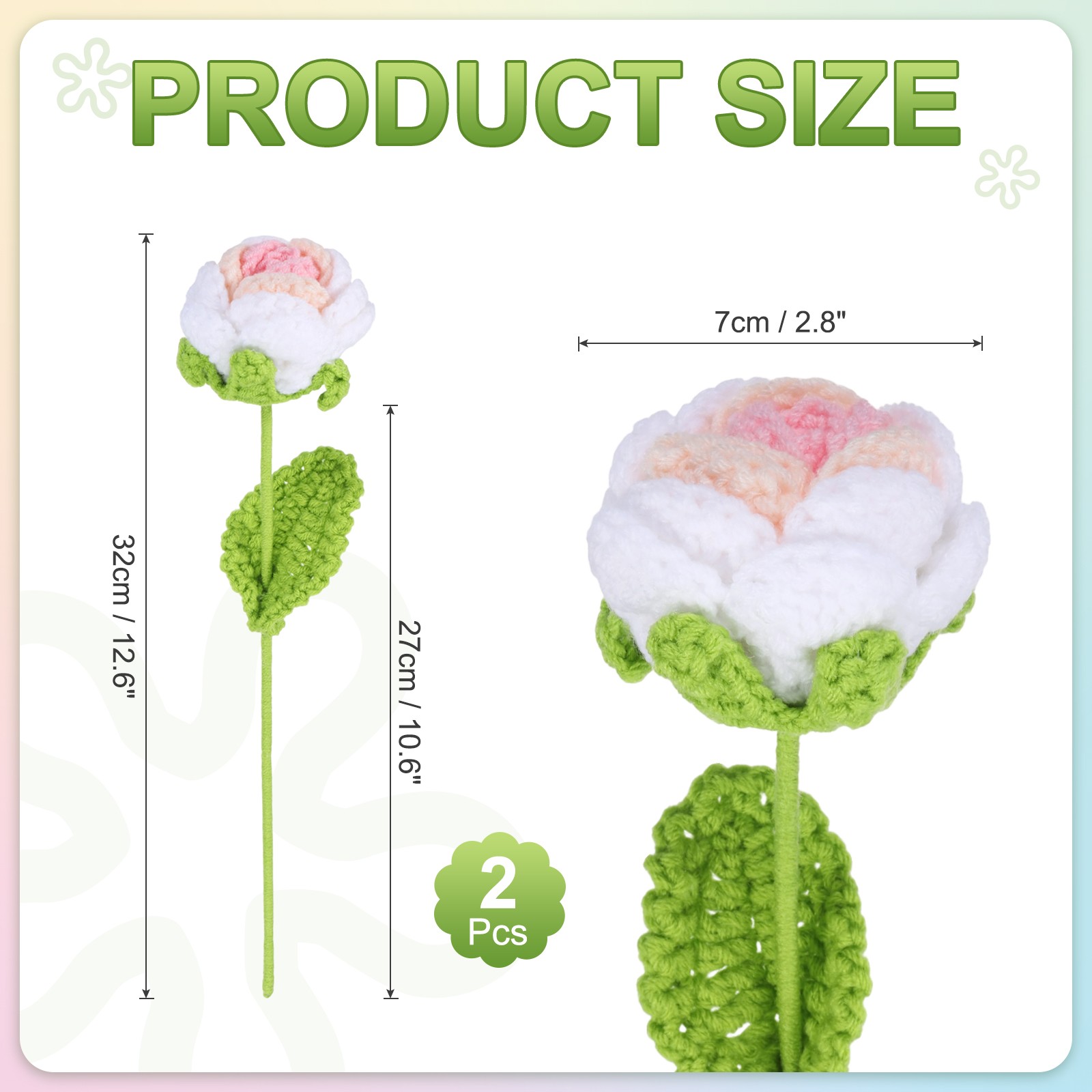 2Pcs Crochet Flower, Rose Handmade Knitted Bouquet, Pink Gradient
