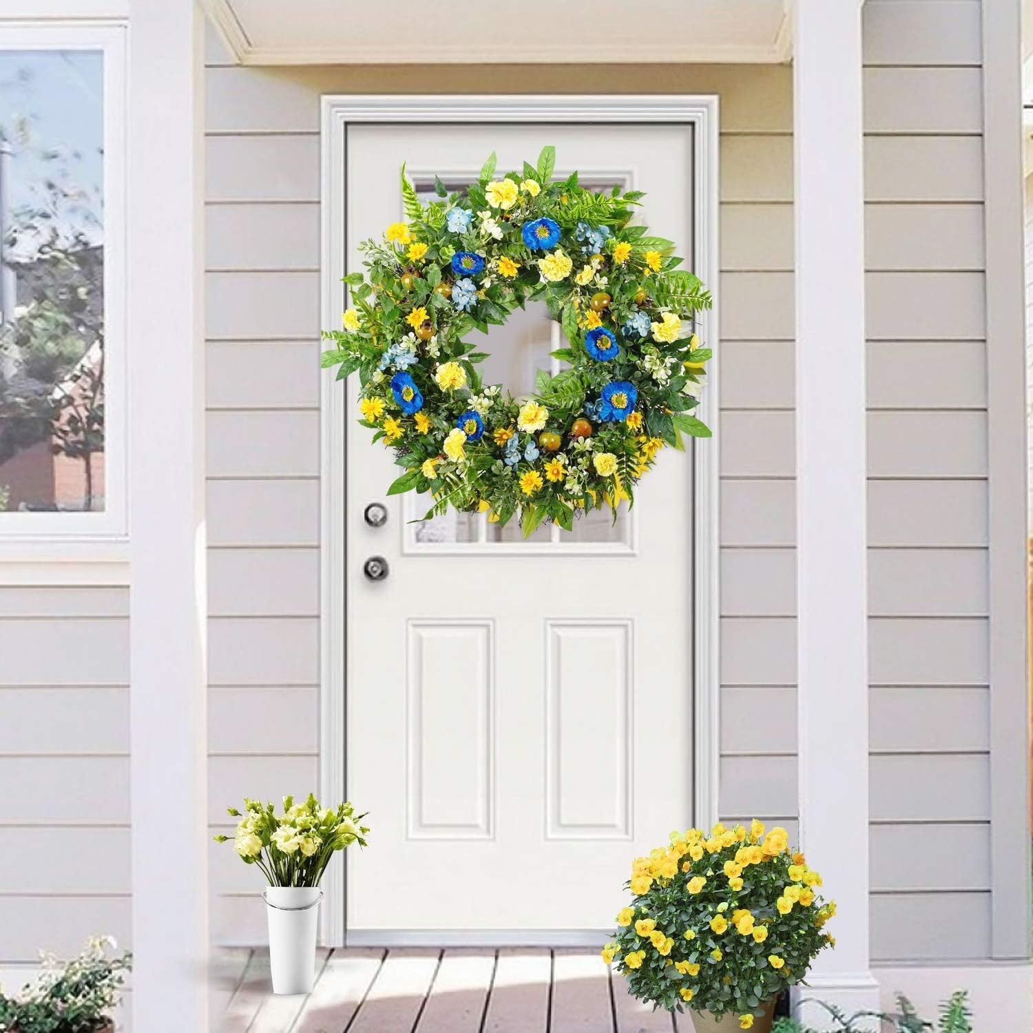 24-Inch Spring & Summer Flower Wreath – Blue & Yellow Elegance for Front Door