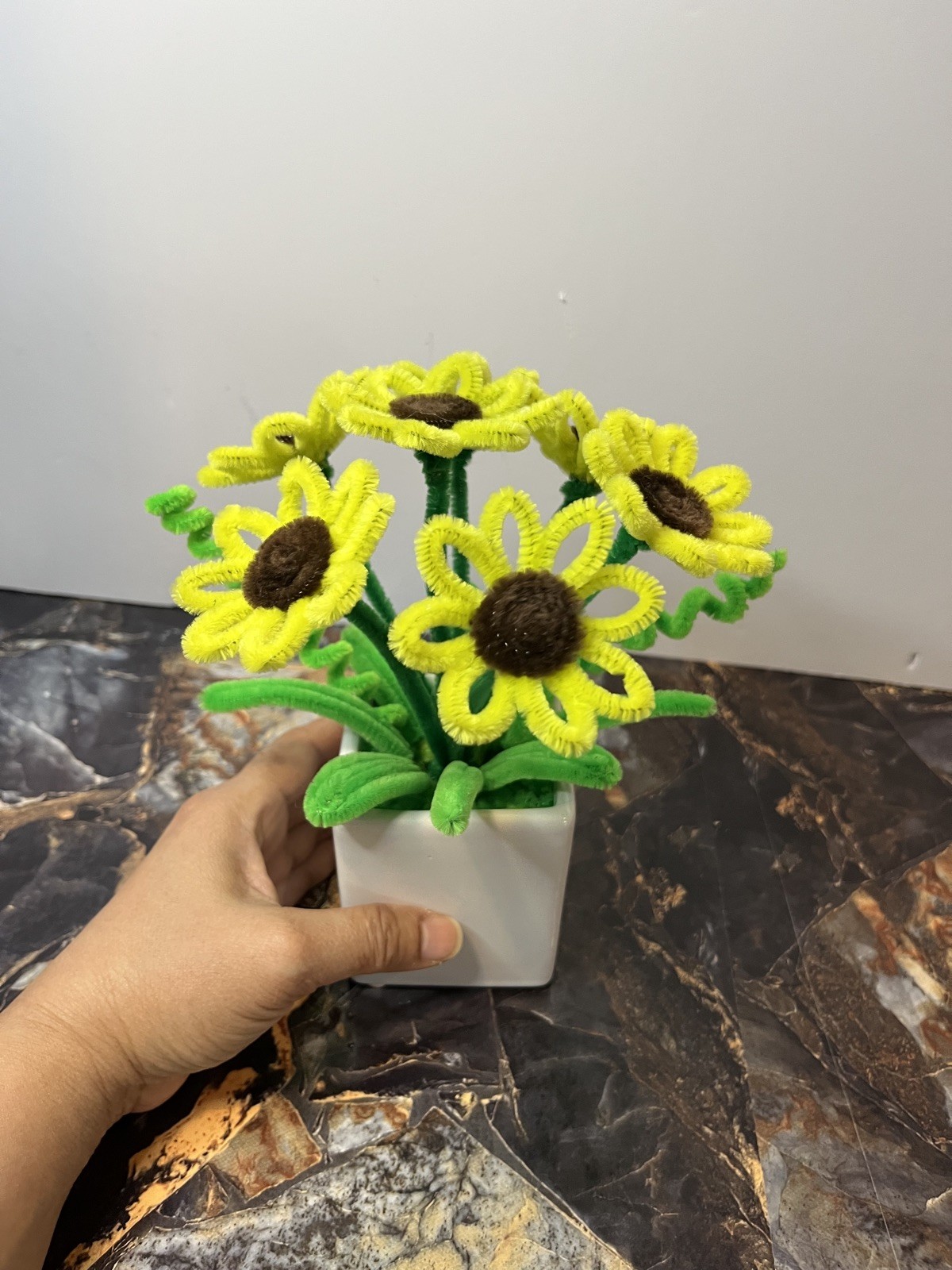 Pipe Cleaner Sunflowers – Mini Bouquet in White Ceramic Pot